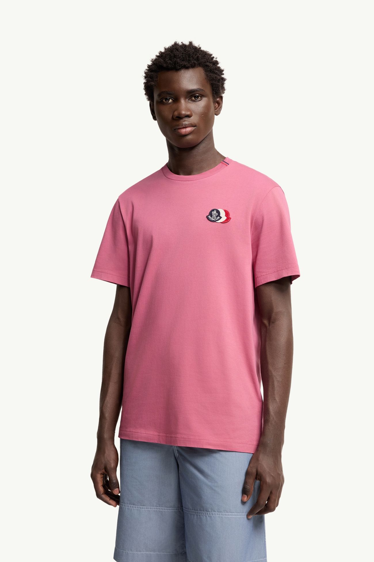 T-shirt in cotone con logo tricolore ricamato Uomo Fucsia Moncler 3