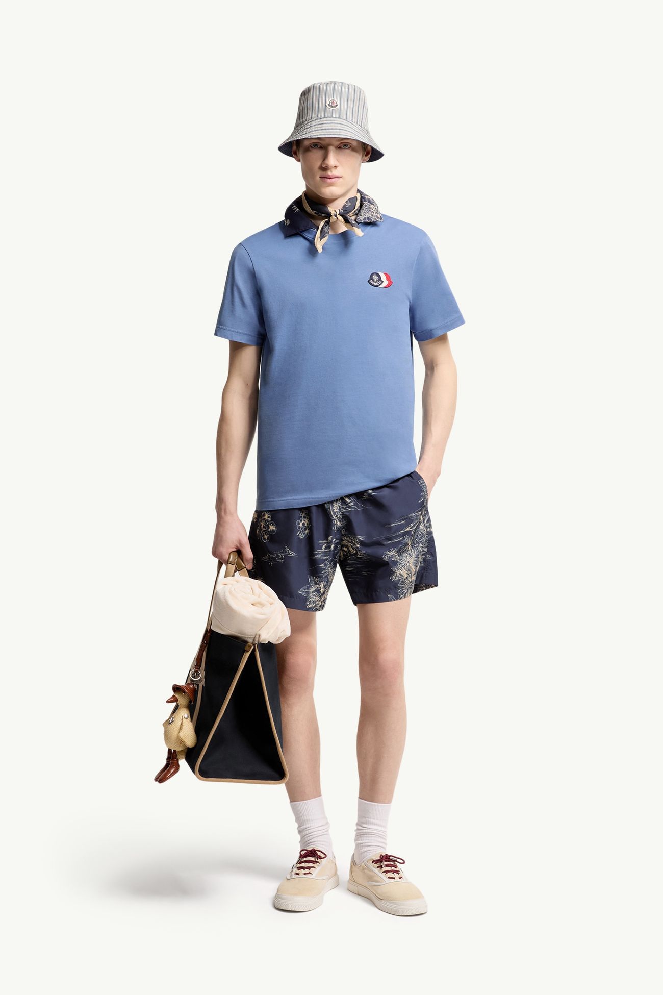 Camiseta de algodón con logotipo tricolor bordado Hombre Azul claro Moncler 0