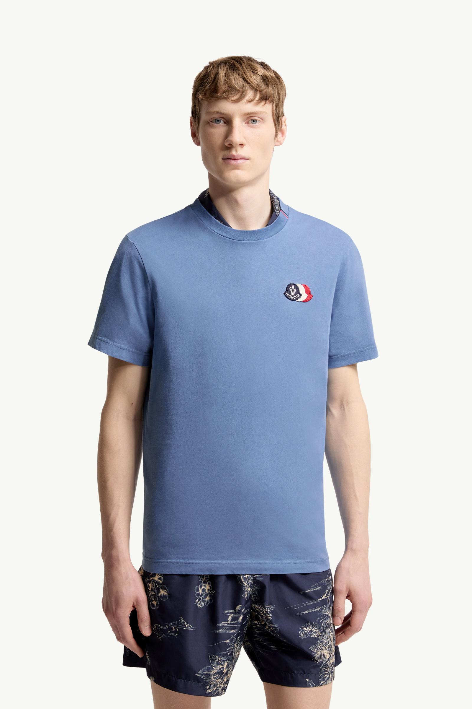 Light Blue Embroidered Tricolor Logo Cotton T-Shirt - Polos & T