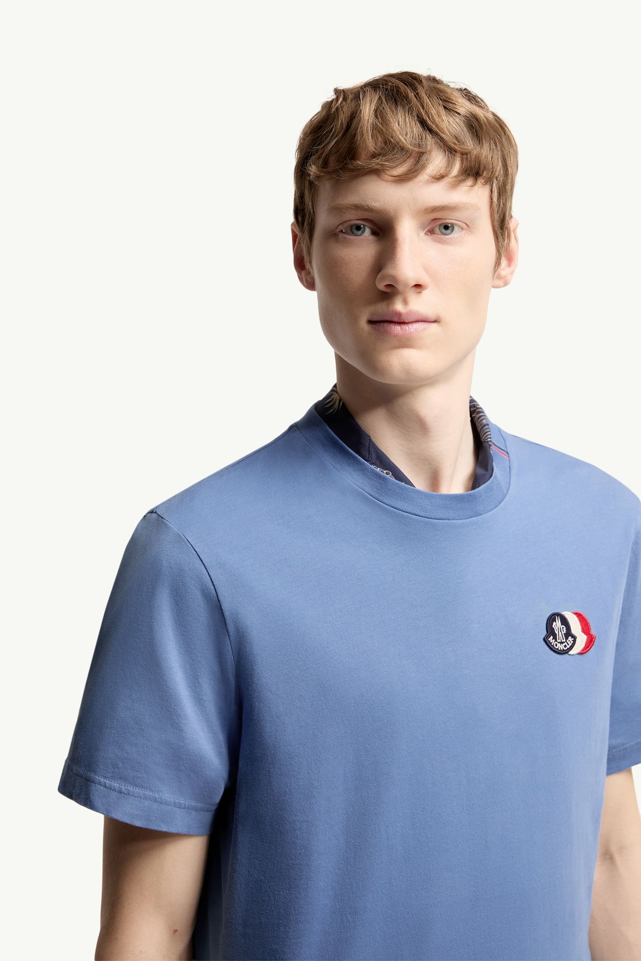 Camiseta de algodón con logotipo tricolor bordado Hombre Azul claro Moncler 5