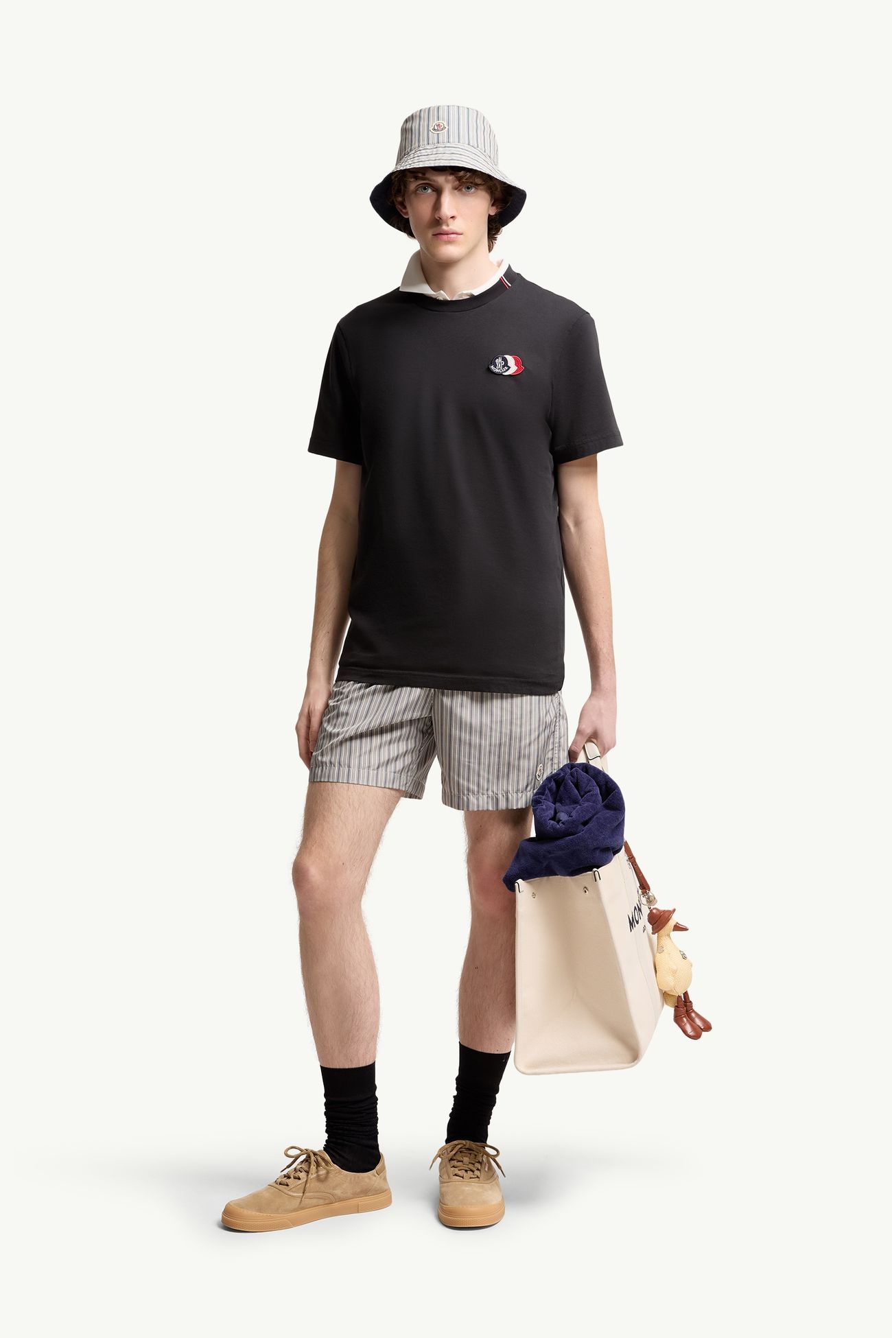 Camiseta de algodón con logotipo tricolor bordado Hombre Azul marino Moncler 0