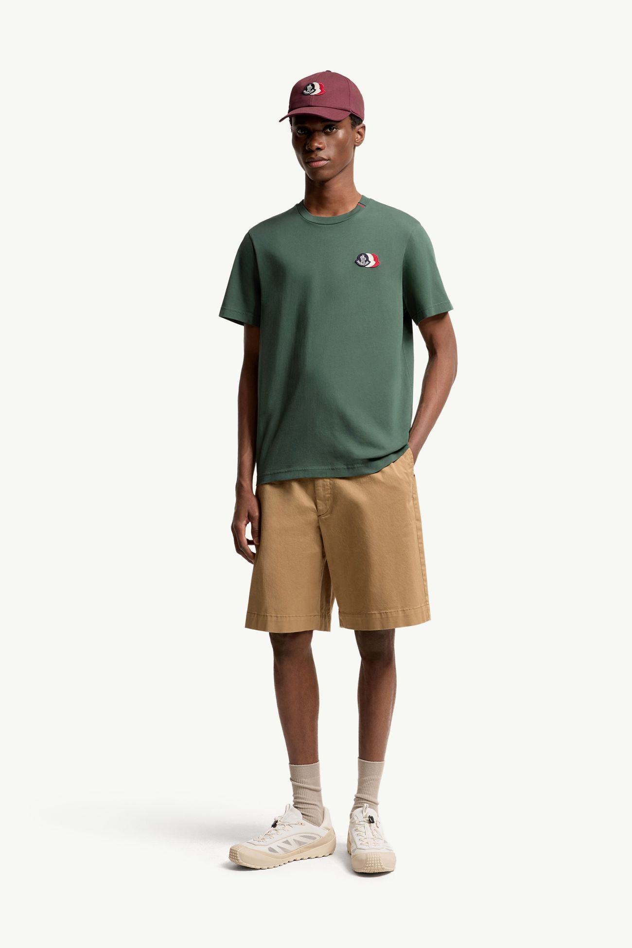 T-shirt in cotone con logo tricolore ricamato Uomo Verde Smeraldo Moncler 0