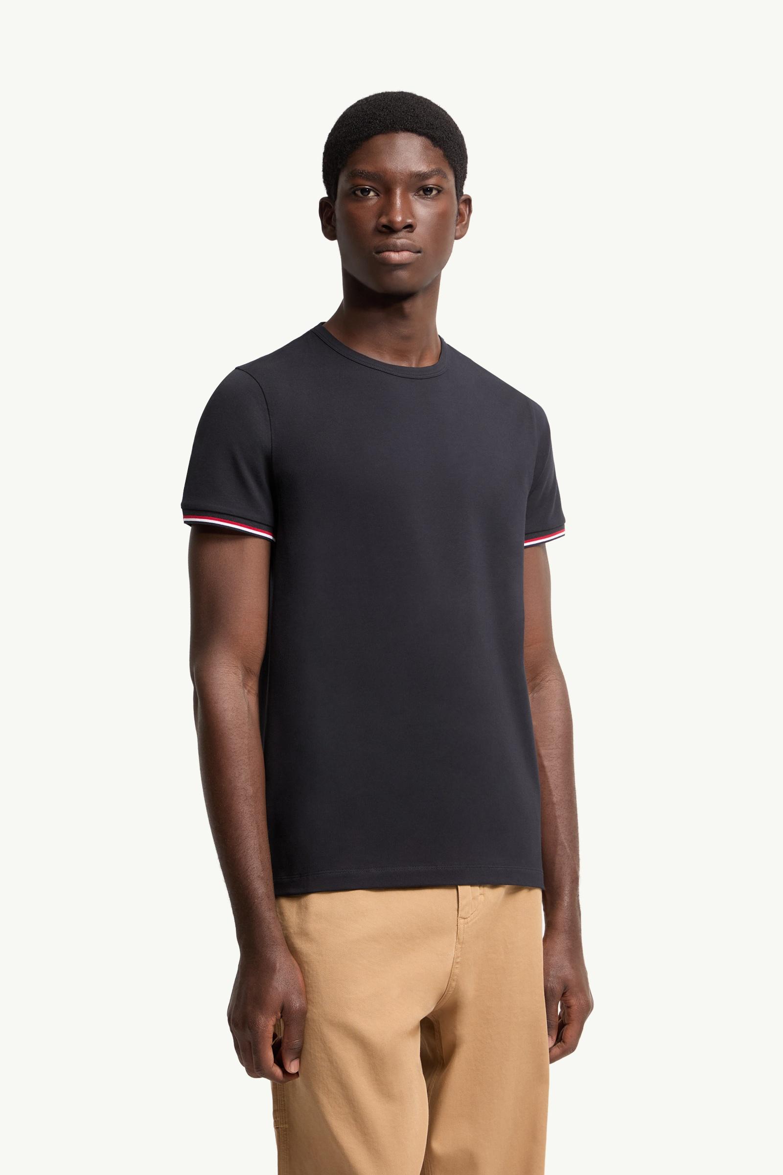 Night Blue Tricolor-Trimmed Cotton T-Shirt - Polos & T-shirts for