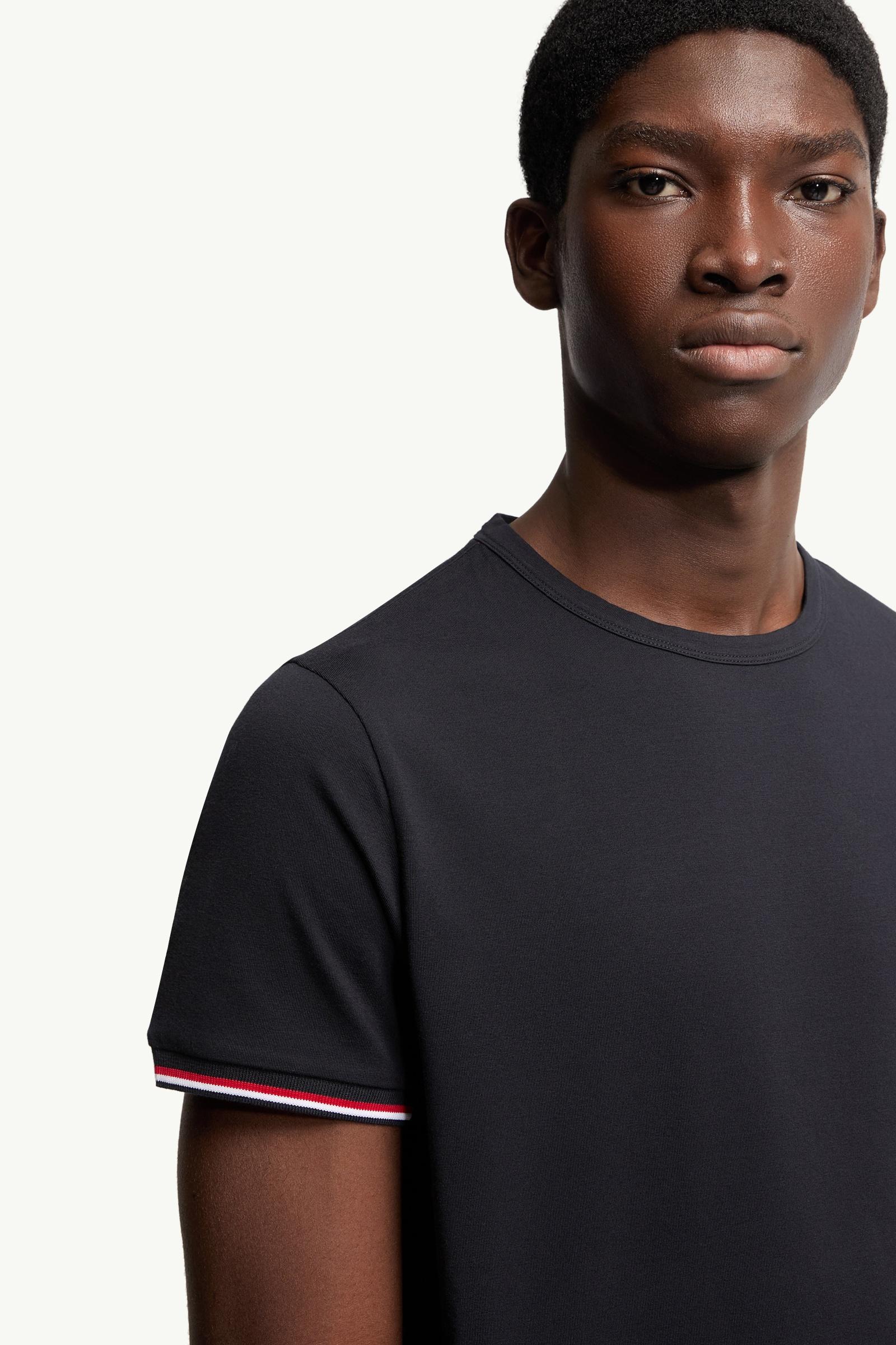 Night Blue Tricolor-Trimmed Cotton T-Shirt - Polos & T-shirts for