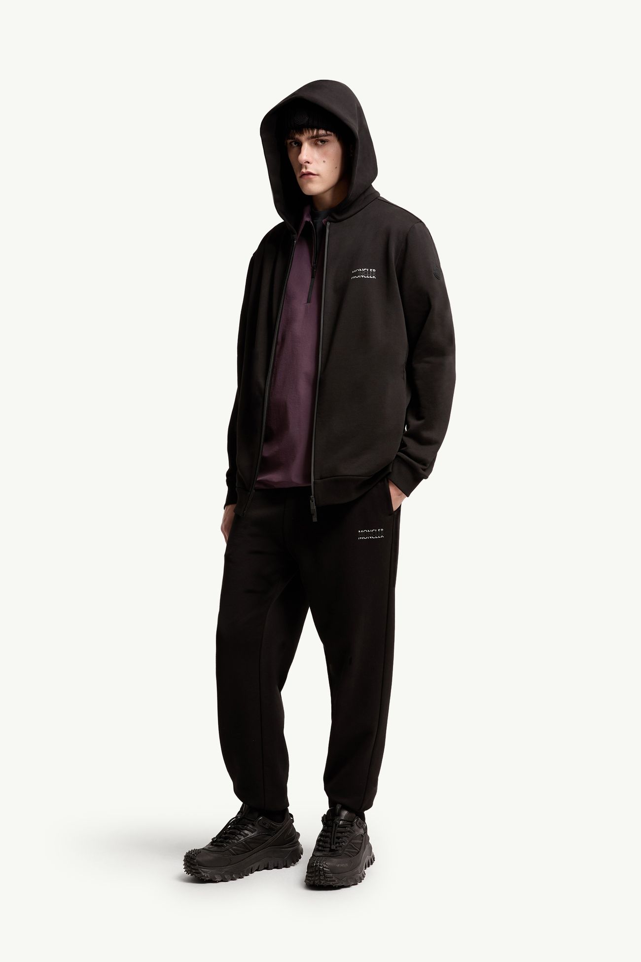 Sweat à capuche zippé en molleton de coton avec logo Hommes Noir Moncler 0