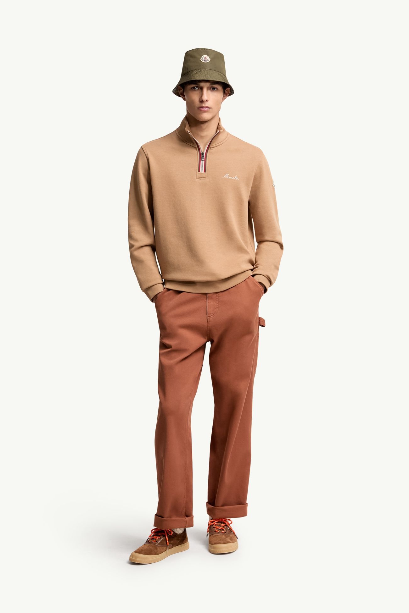 Embroidered Logo Polo Neck Sweatshirt Men Camel Beige Moncler 0