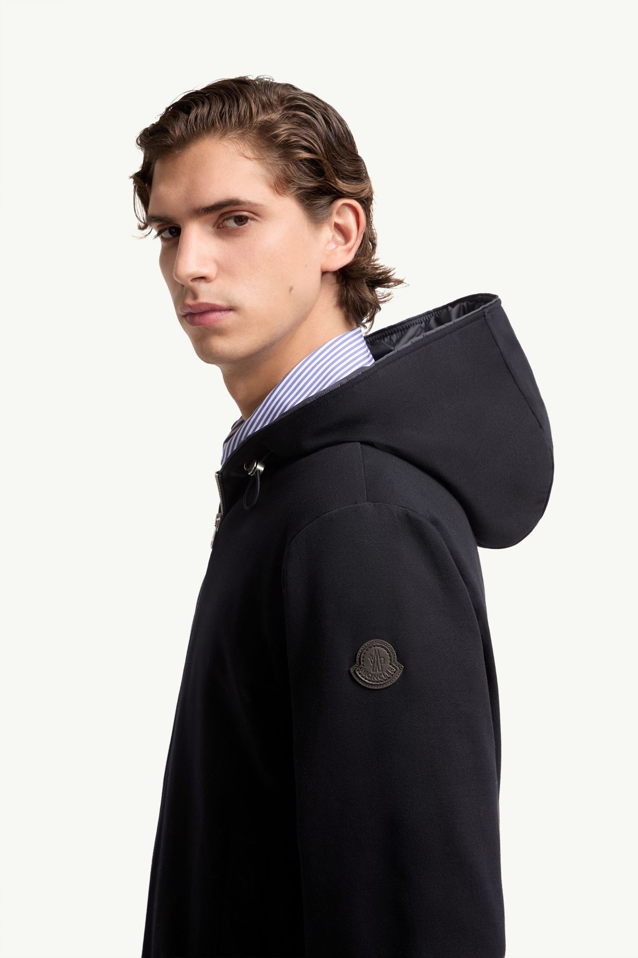 Leather Logo Cotton Blend Zip-Up Hoodie Men Dark Blue Moncler 1