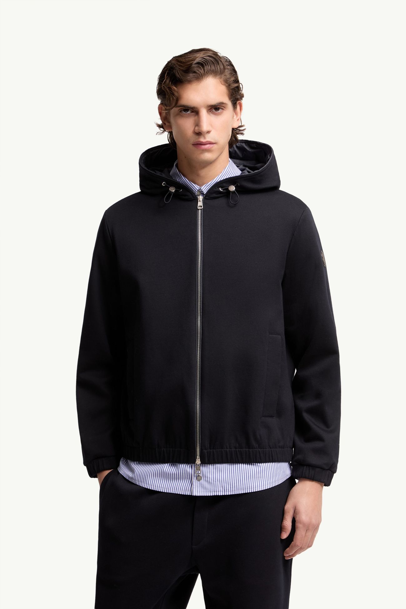 Sweat zippé en coton mélangé avec logo en cuir Hommes Bleu foncé Moncler 3