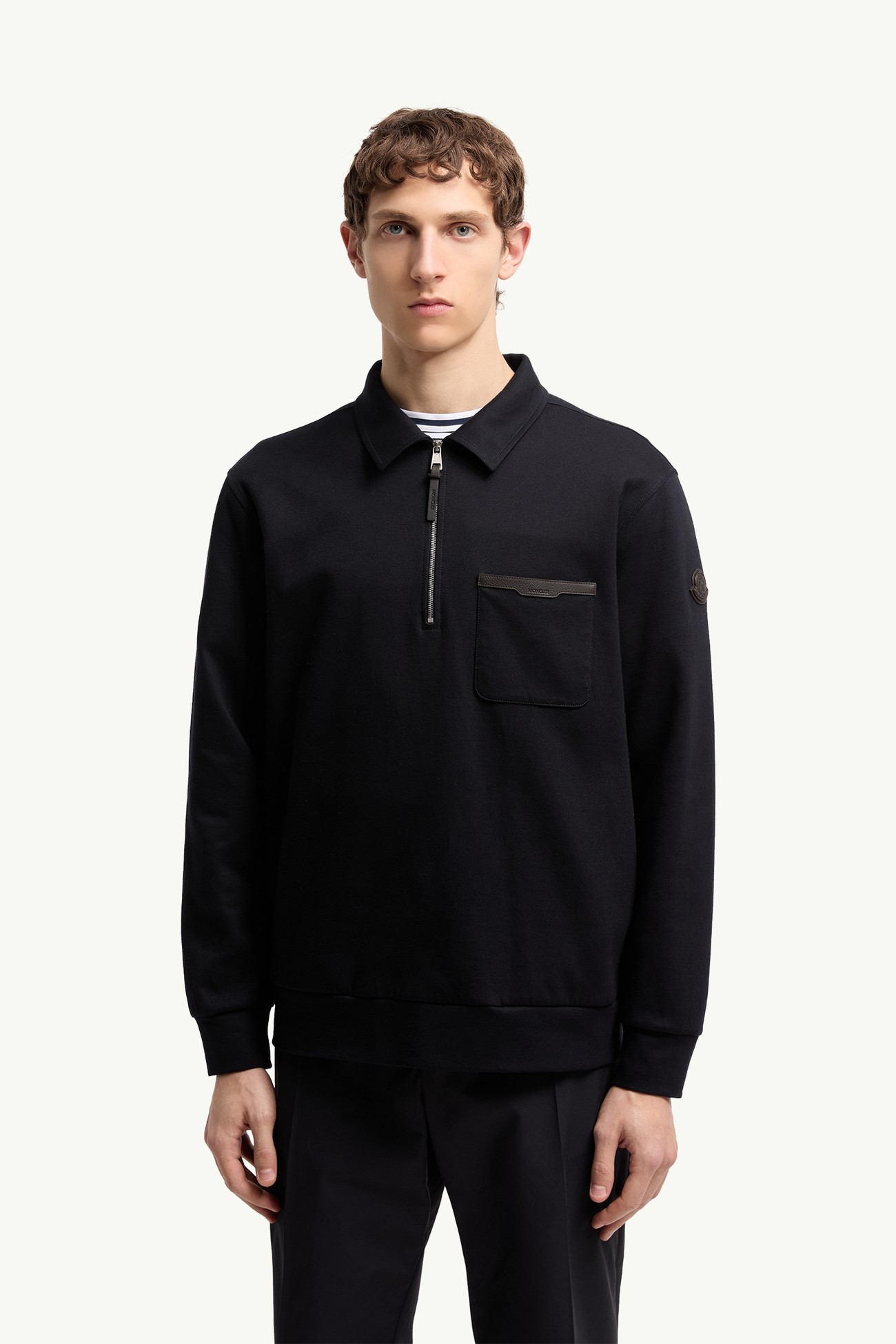 가죽 로고 코튼 혼방 하프 지퍼 스웨트셔츠 남성 다크 블루 Moncler 3