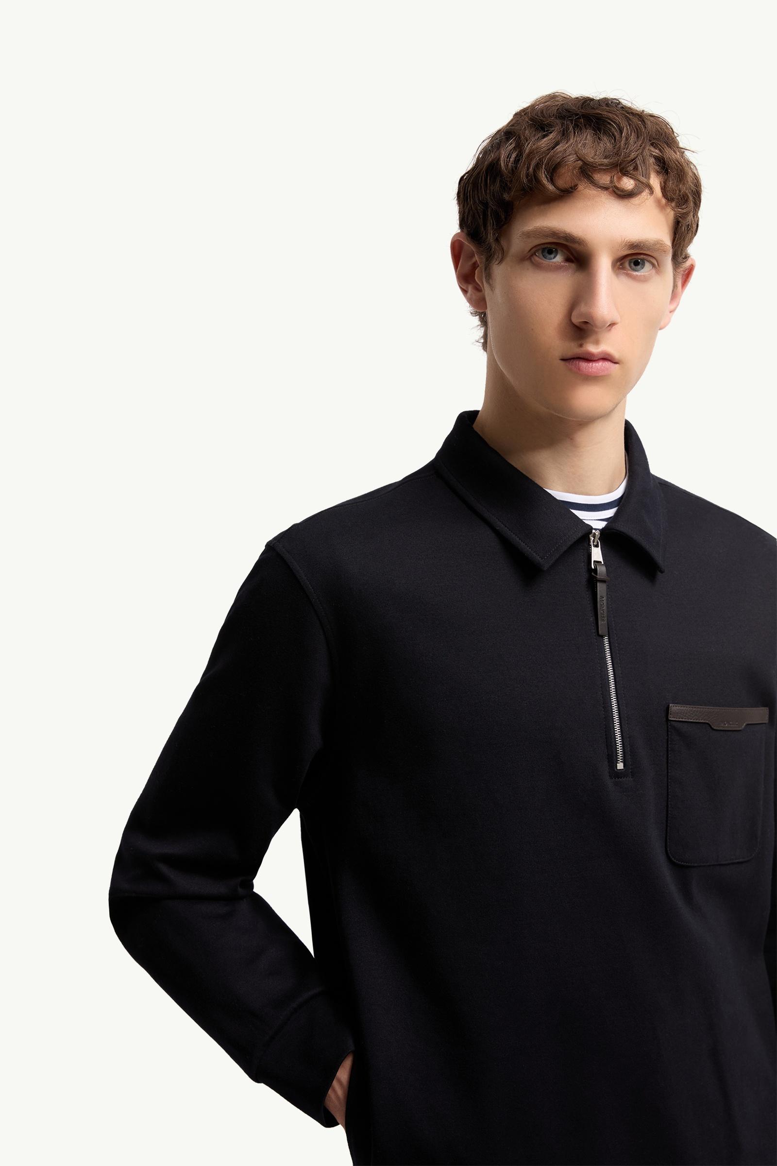 Dark Blue Leather Logo Cotton Blend Half-Zipper Sweatshirt