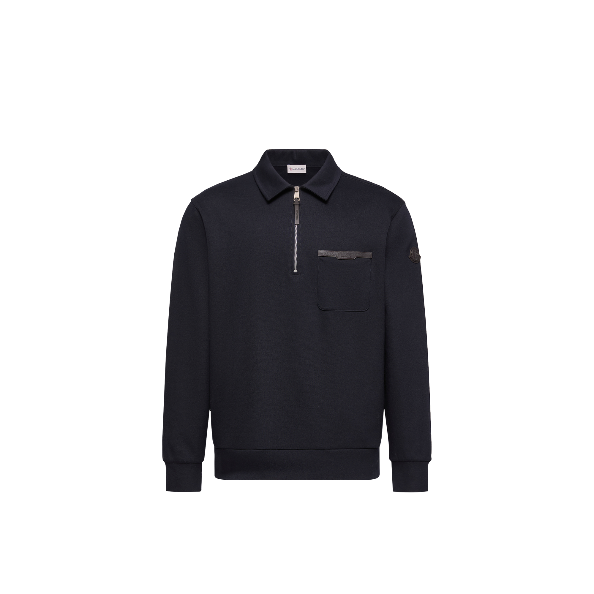 Moncler   Leather Logo Cotton Blend Half-Zip Sweatshirt for Men in Blue, Size: L