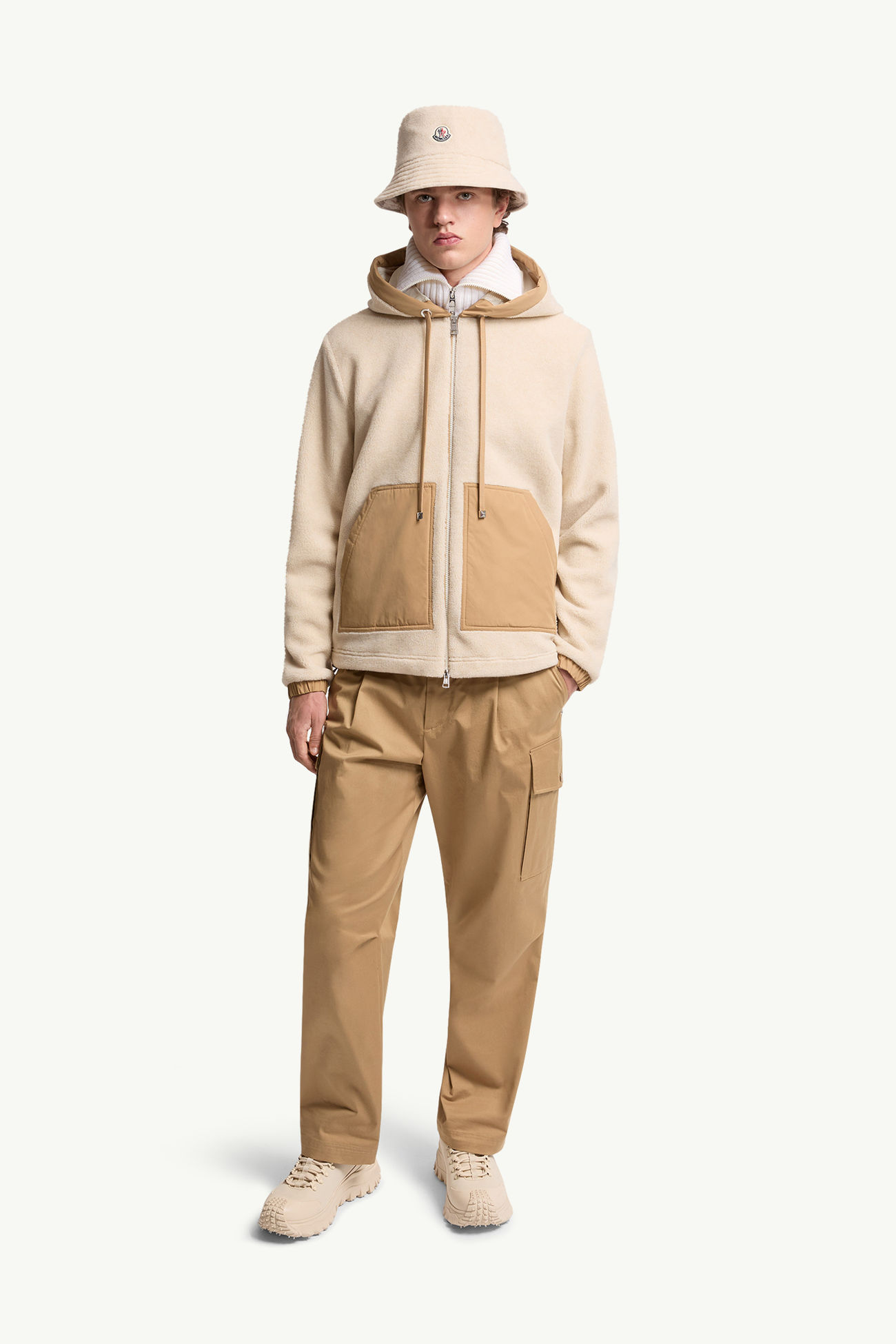 Felpa con cappuccio e zip in pile effetto teddy Uomo Beige Chiaro Moncler 0