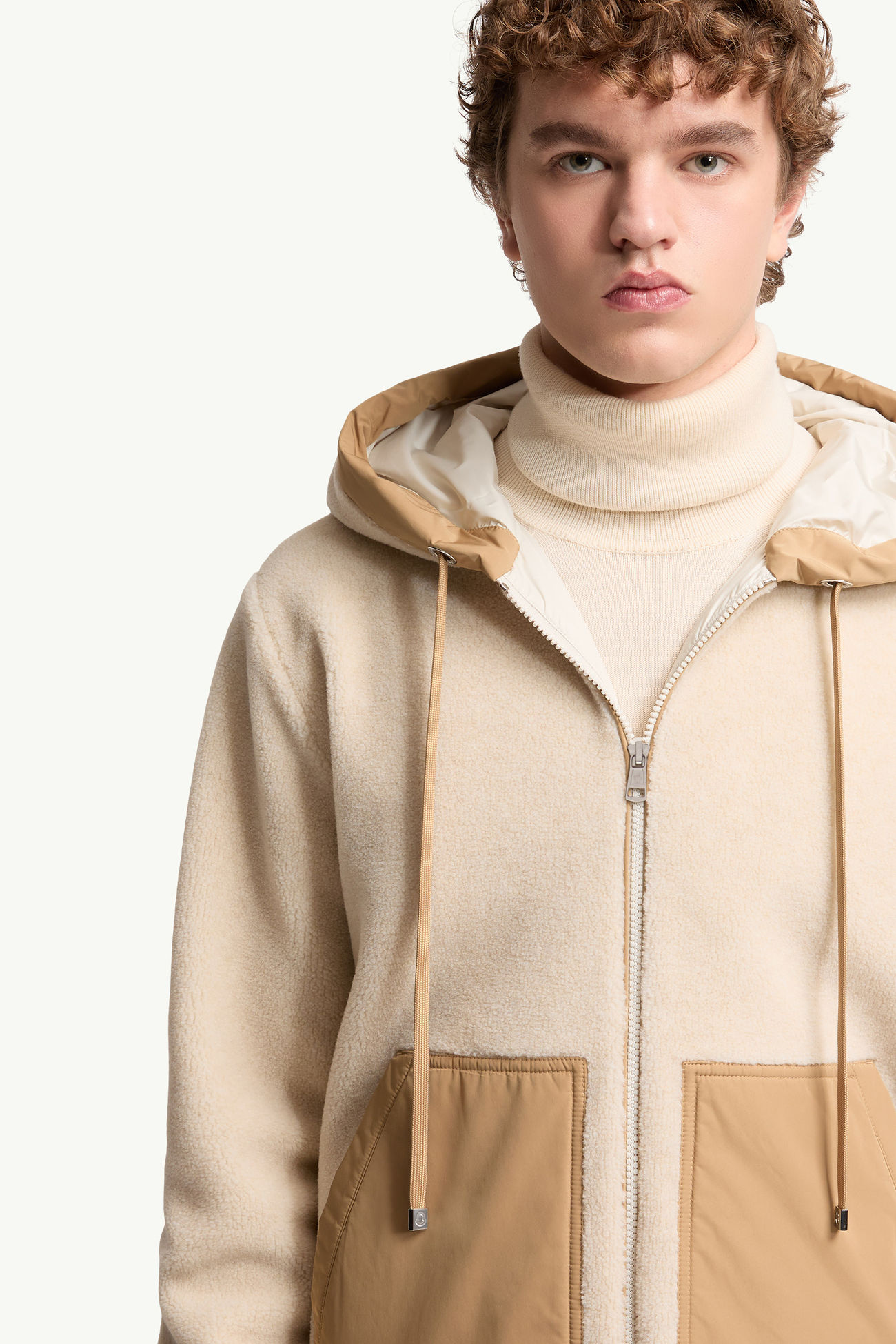 Felpa con cappuccio e zip in pile effetto teddy Uomo Beige Chiaro Moncler 5