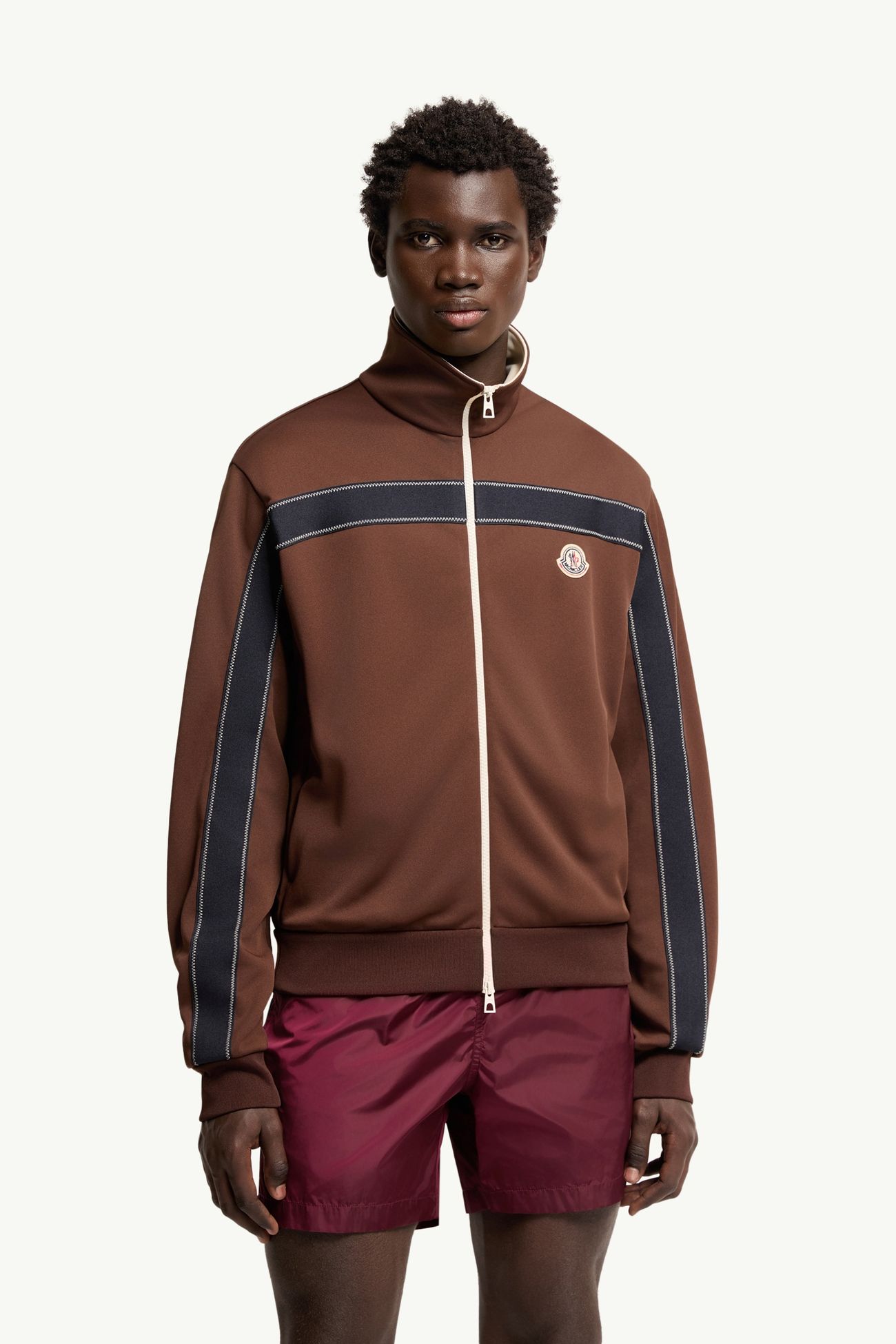 Topstitched Polo Neck Zip-Up Sweatshirt Men Brown Moncler 3