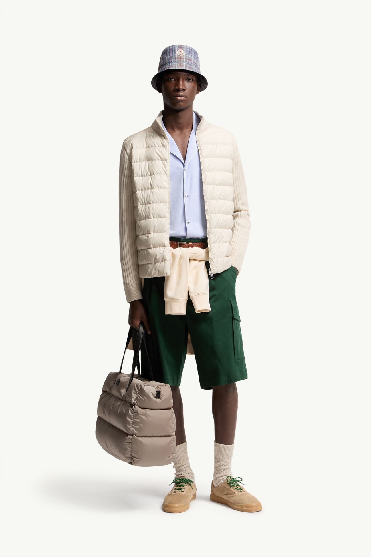 Cardigan zippé matelassé en laine Hommes Blanc Ivoire Moncler 0