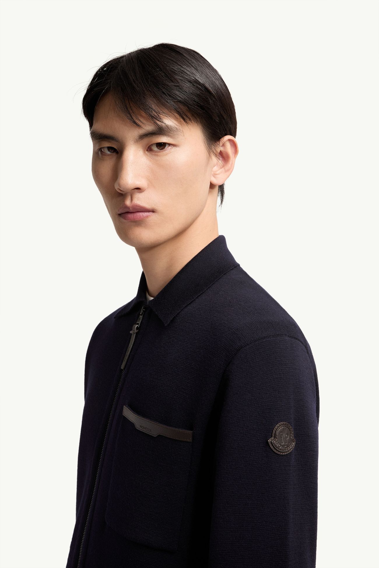 가죽 로고 울 집업 카디건 남성 네이비 블루 Moncler 1