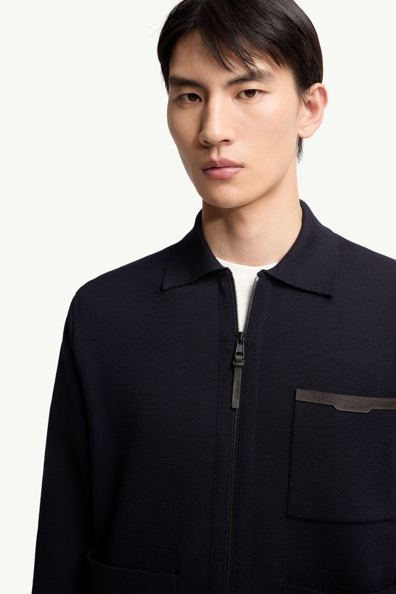 Leather Logo Wool Zip-Up Cardigan Men Navy Blue Moncler 5