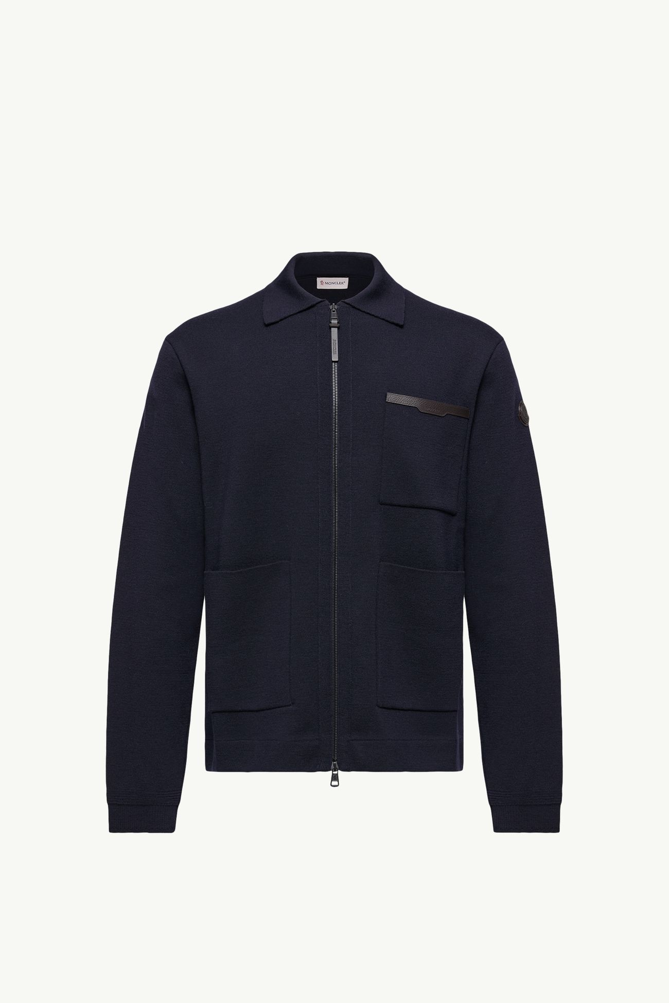 Cardigan in lana con zip e logo in pelle Uomo Blu Navy Moncler 2