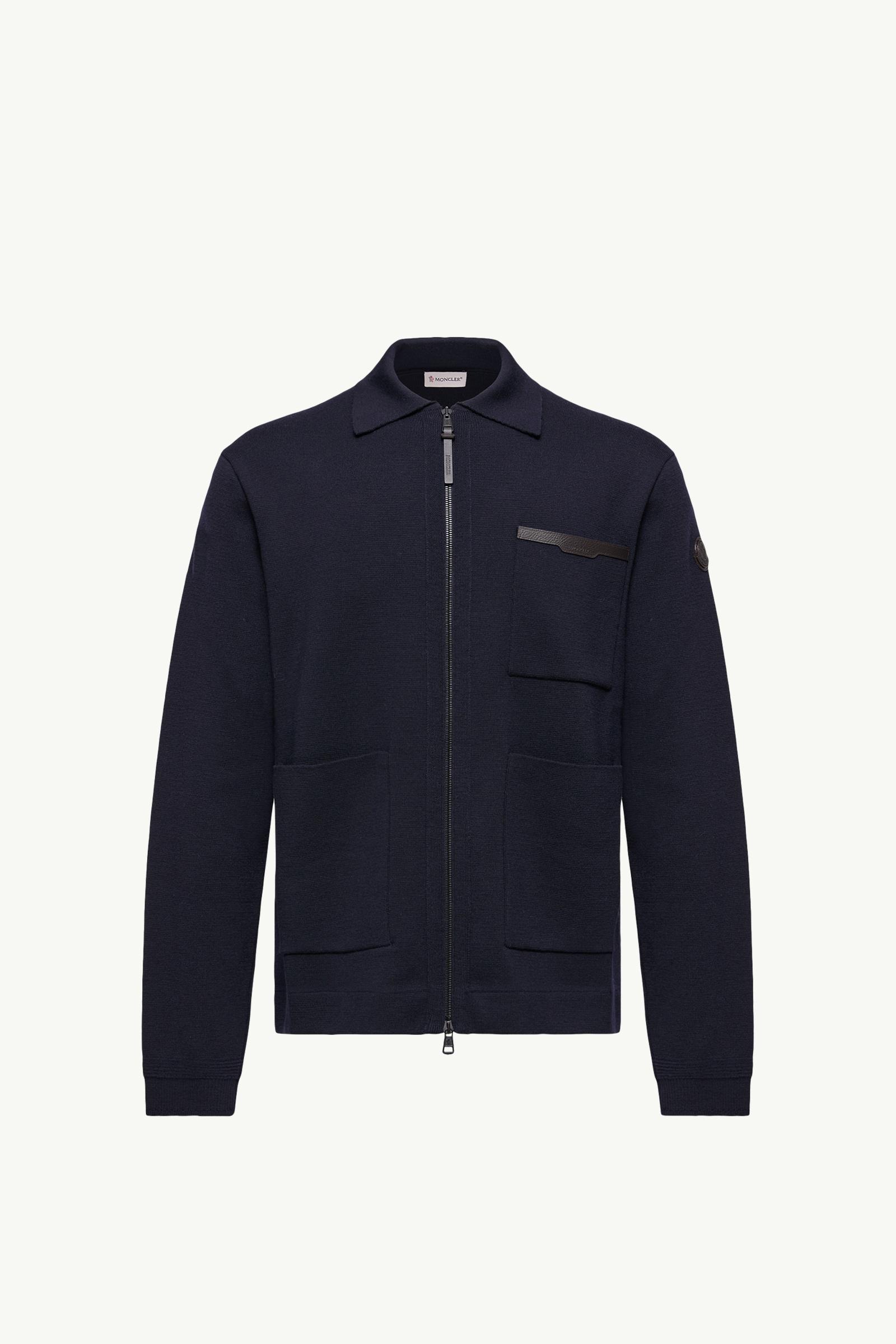 Navy Blue Leather Logo Wool Zip-Up Cardigan - Sweaters & Cardigans