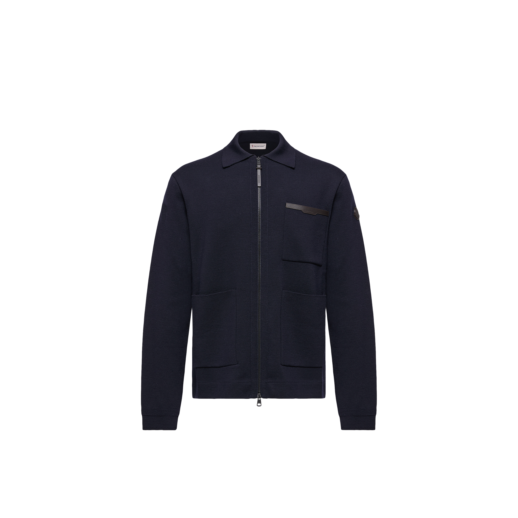 Moncler   Leather Logo Wool Zip-Up Cardigan for Men in Blue, Size: Xxl