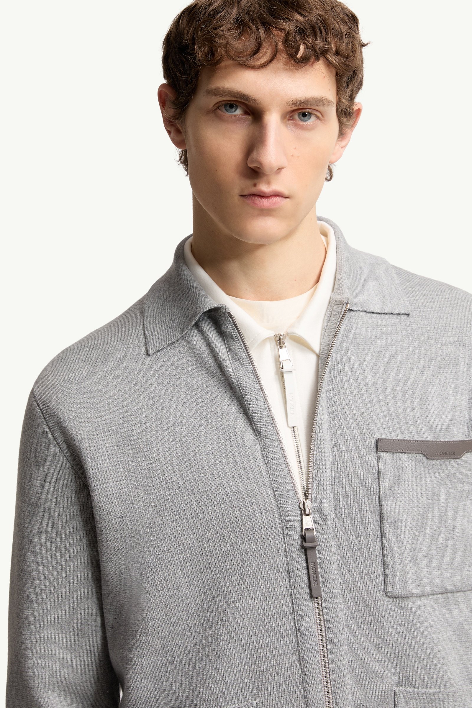 Grey Leather Logo Wool Zip-Up Cardigan - Sweaters & Cardigans for