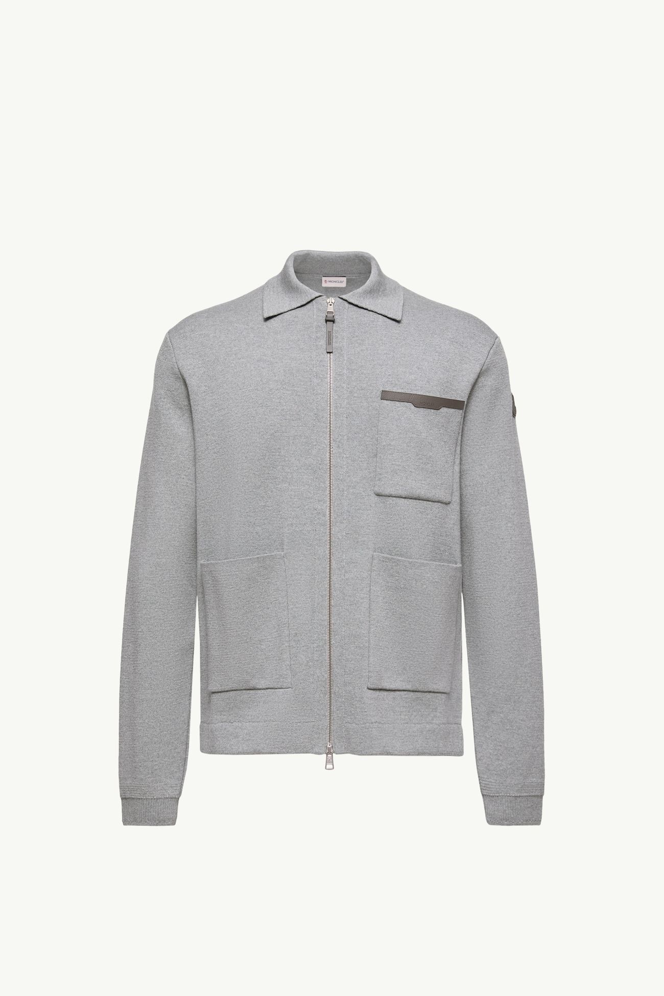 Cardigan in lana con zip e logo in pelle Uomo Grigio Moncler 2