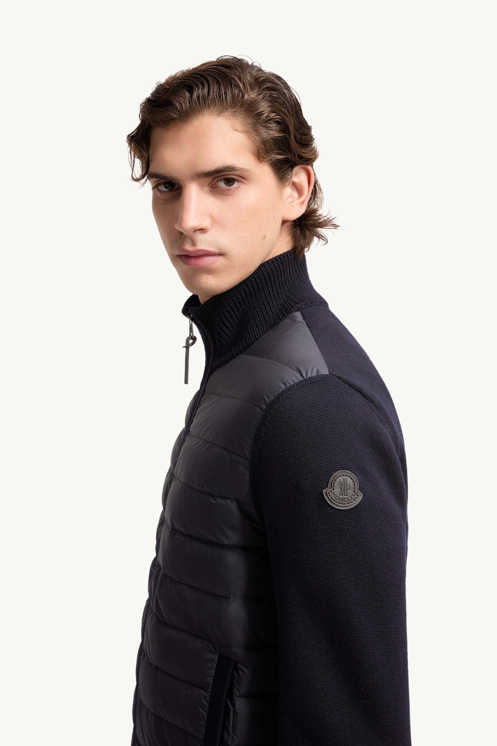 Navy Blue Padded Zip-Up Wool Cardigan - Sweaters & Cardigans for