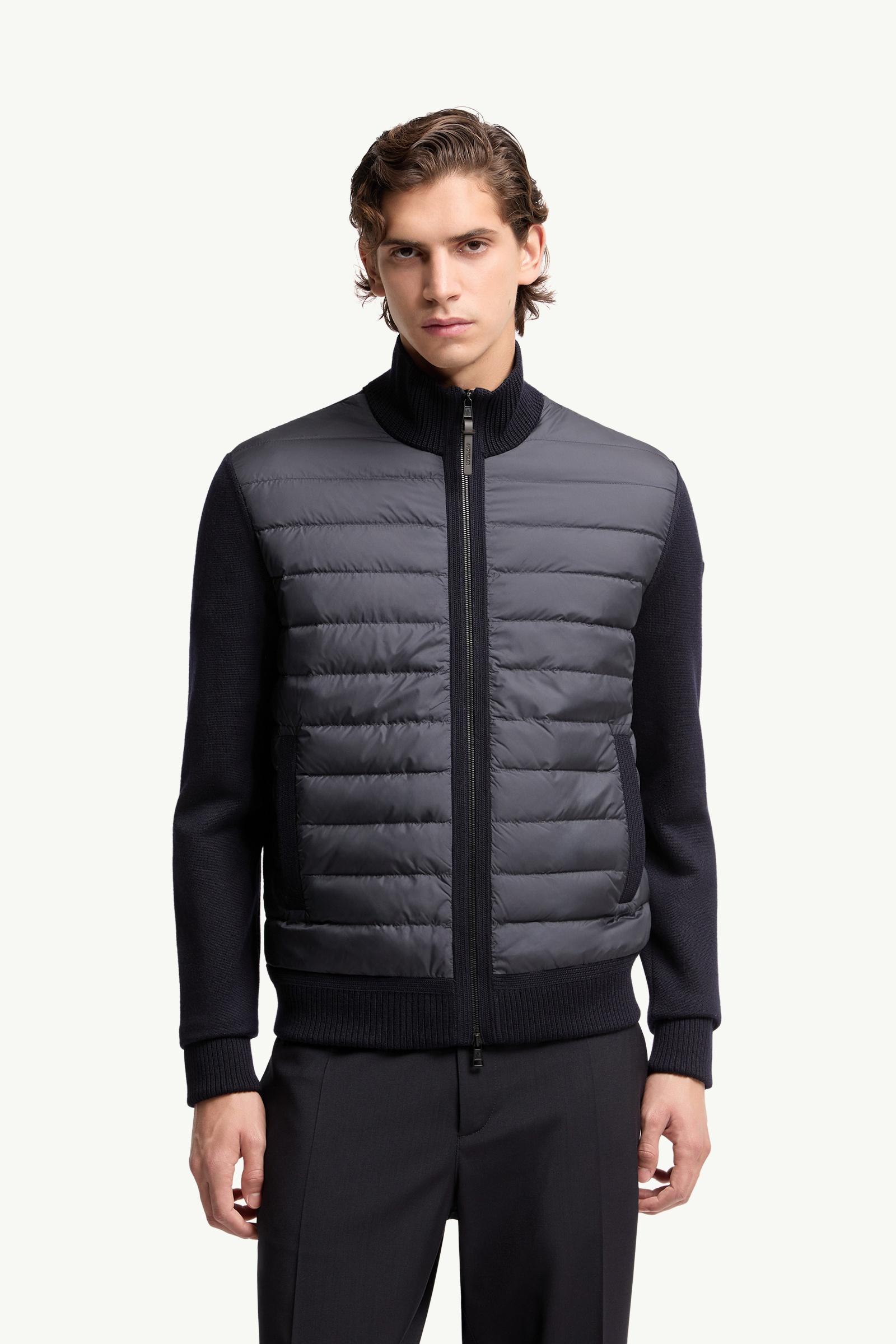 Navy Blue Padded Zip-Up Wool Cardigan - Sweaters & Cardigans for