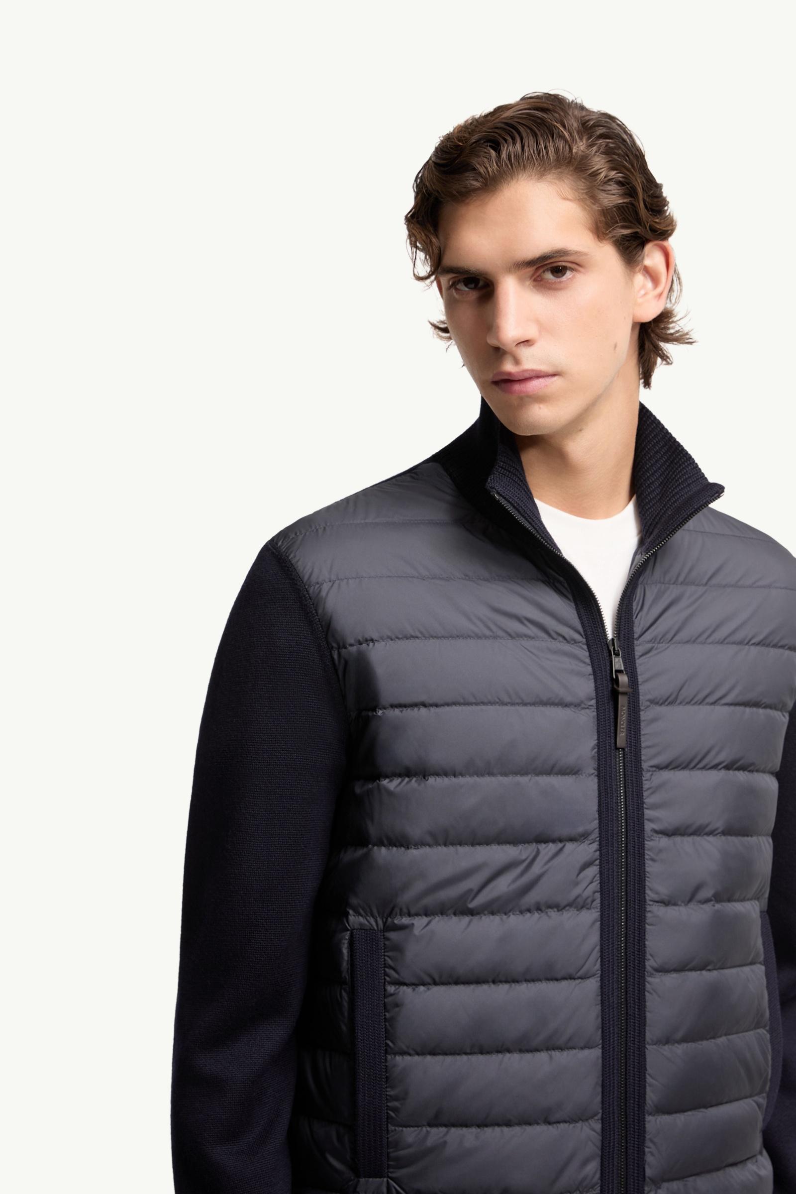 Navy Blue Padded Zip-Up Wool Cardigan - Sweaters & Cardigans for