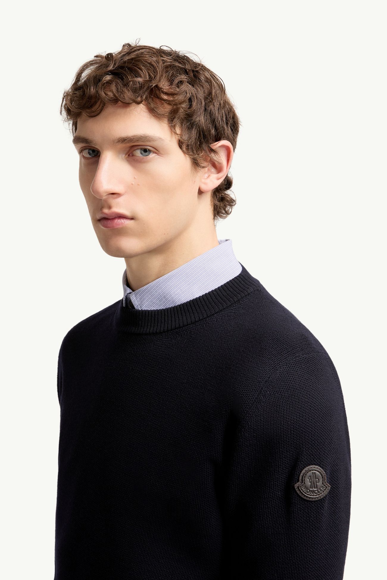 Pull en laine à logo en cuir Hommes Bleu marine Moncler 1