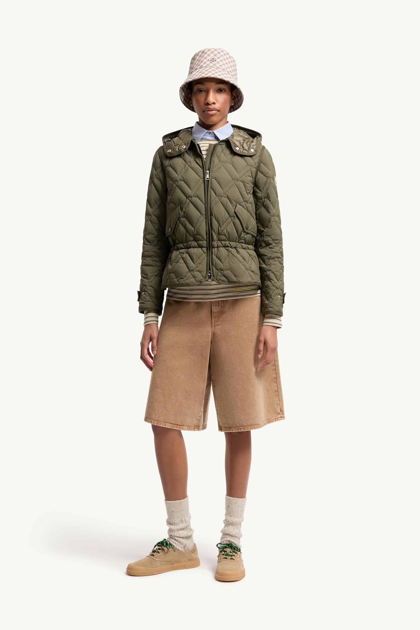 Olive Green Lilas Geometric Quilted Hooded Short Down Jacket