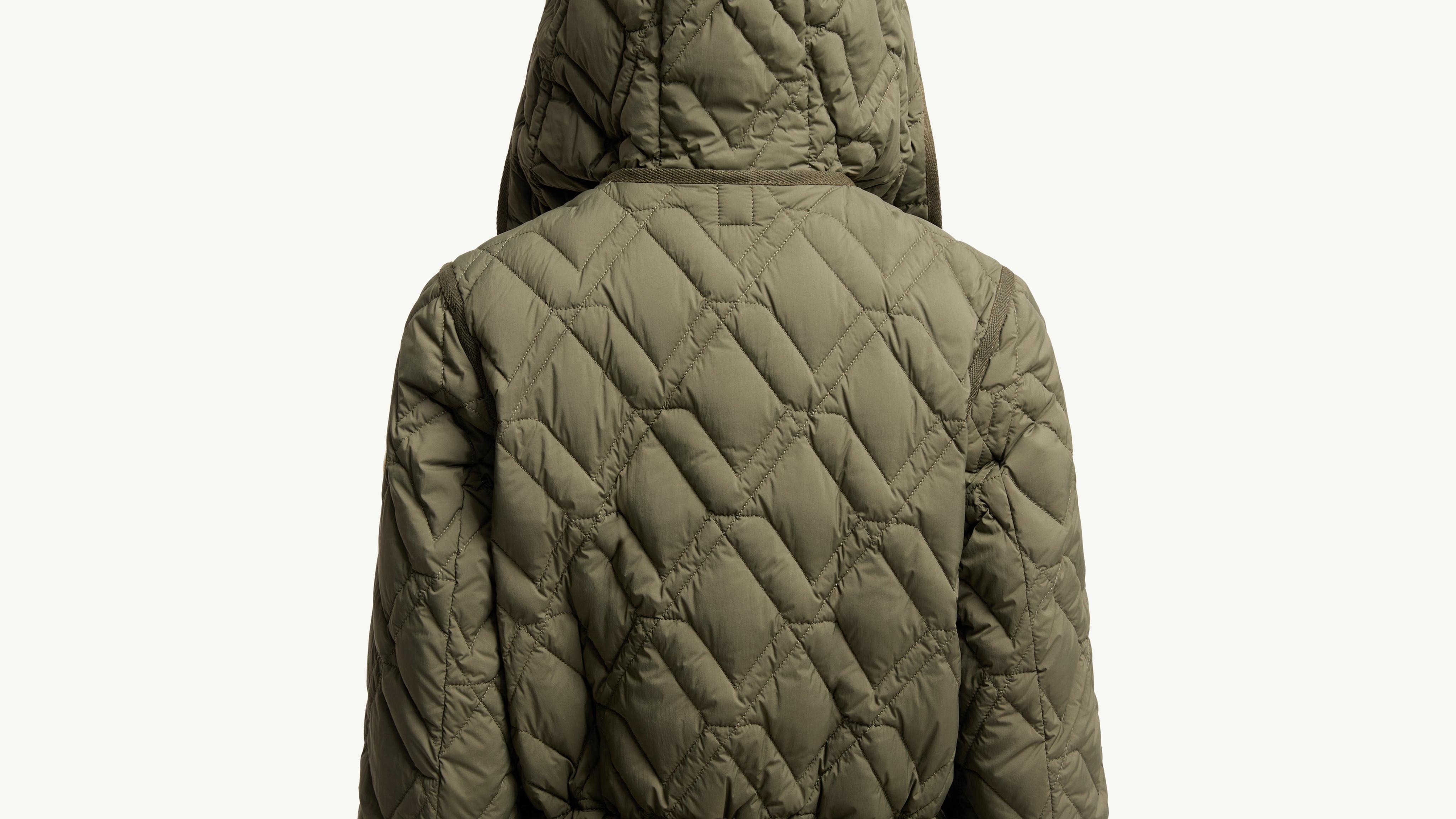 Olive Green Lilas Geometric Quilted Hooded Short Down Jacket