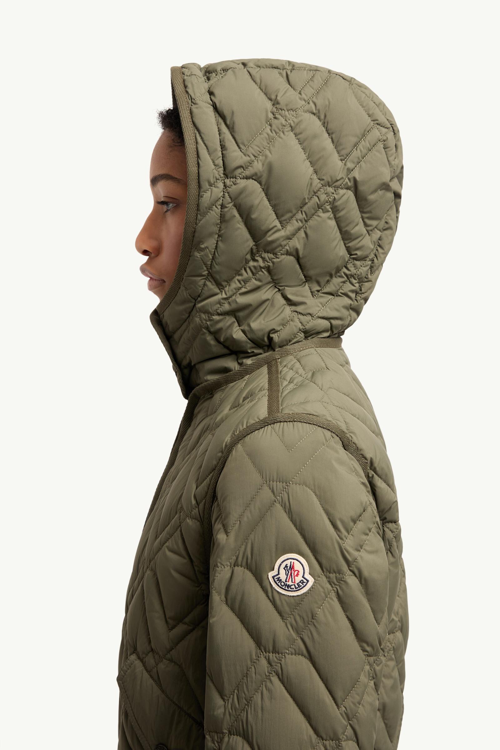 Olive Green Lilas Geometric Quilted Hooded Short Down Jacket