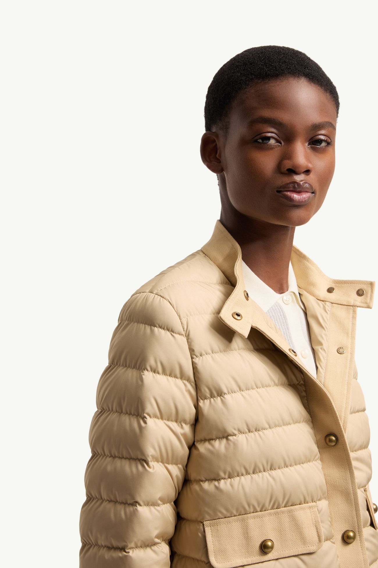 Juju女士棉质和亚麻饰边短款羽绒夹克外套 女士 米色 Moncler 5