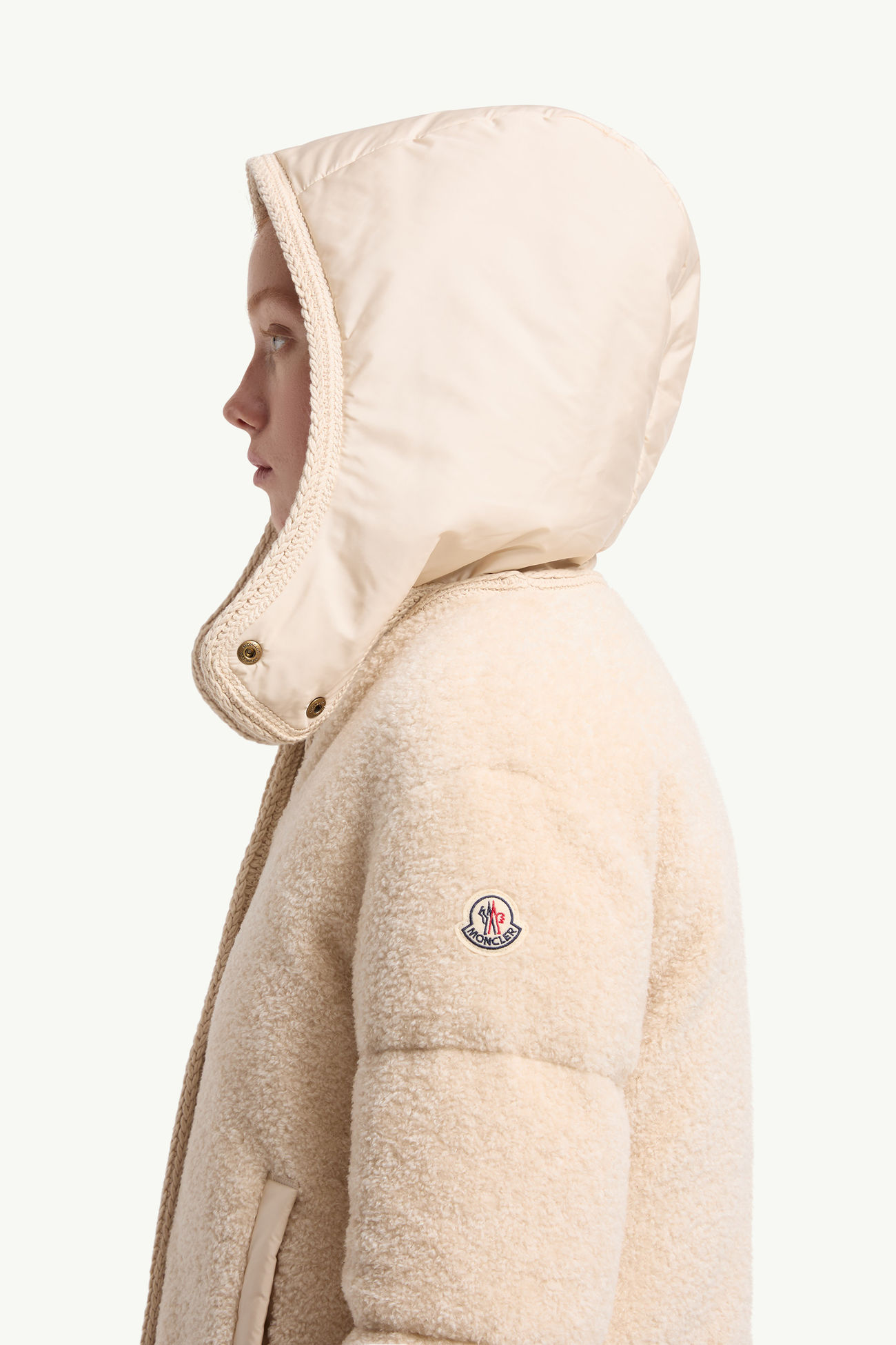 Ciboulette 브레이드 트리밍 테디 후드 쇼트 다운 재킷 여성 화이트 아이보리 Moncler 1