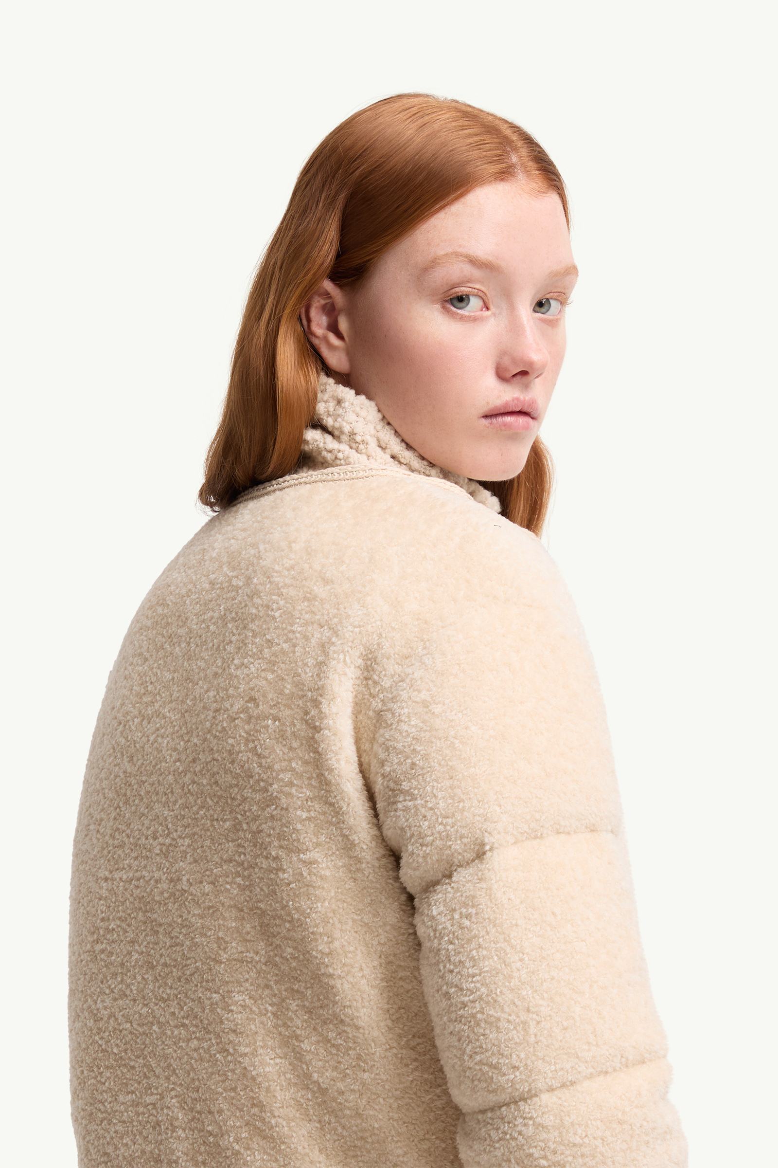 White Ivory Ciboulette Braided Trim Teddy Hooded Short Down Jacket