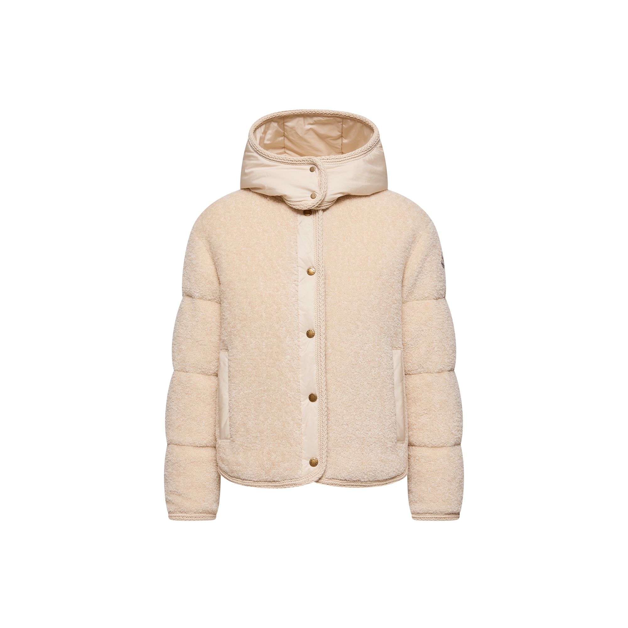 Moncler   Ciboulette Braided Trim Teddy Hooded Short Down Jacket for Women in White, Size: 12