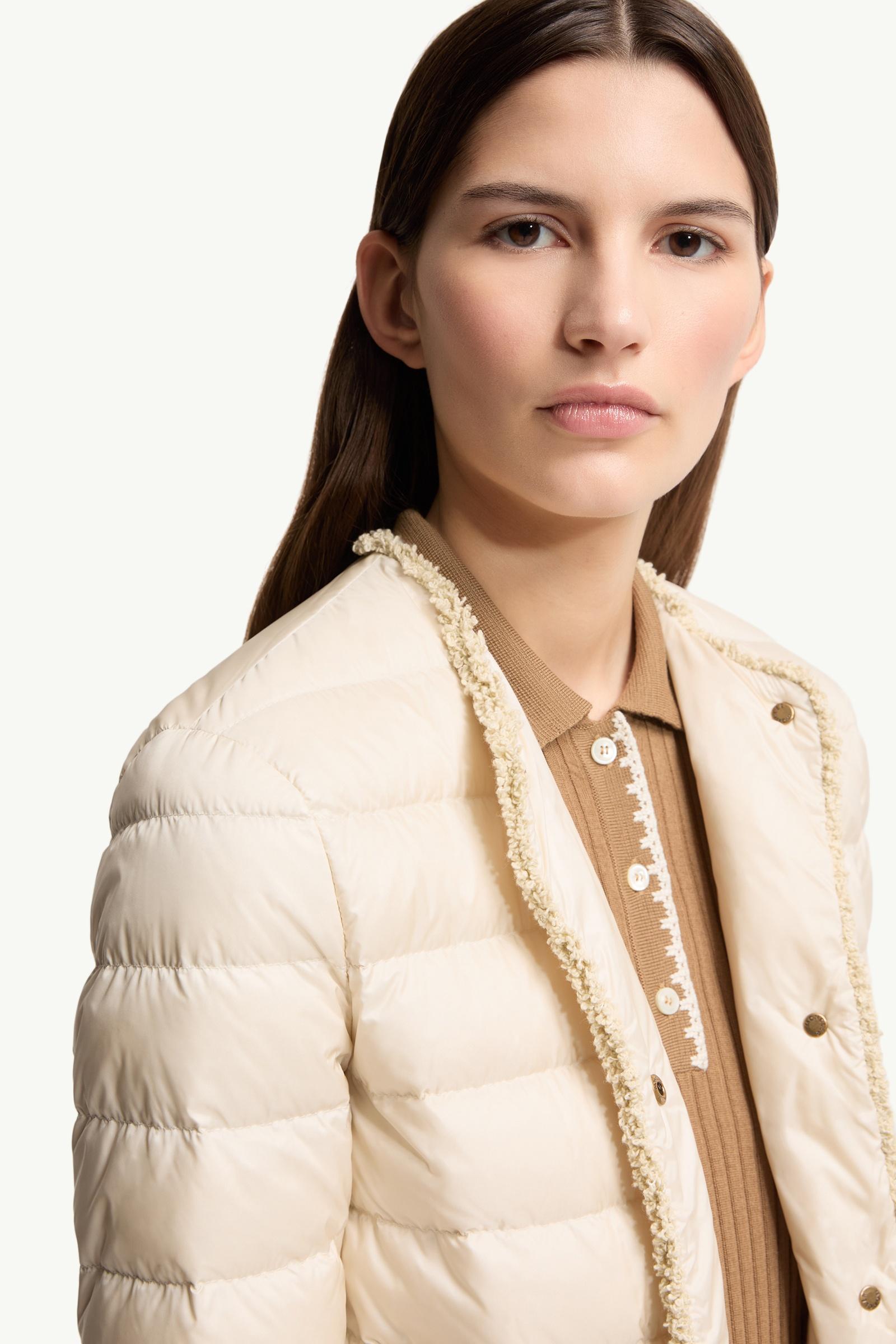 Light Beige Fleurs Bouclé-Trimmed Short Down Jacket - Short Down