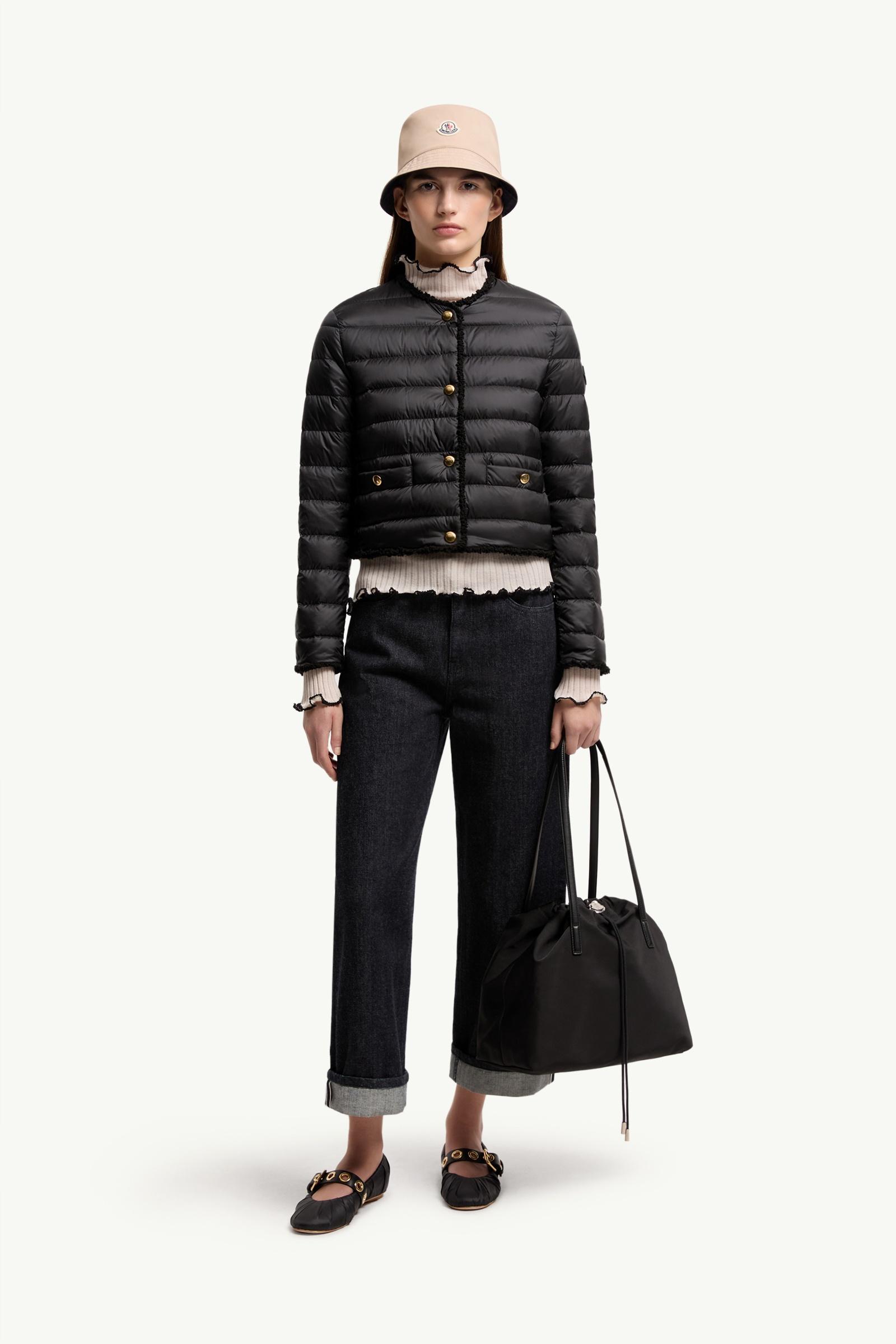 Black Fleurs Bouclé-Trimmed Short Down Jacket - Short Down Jackets