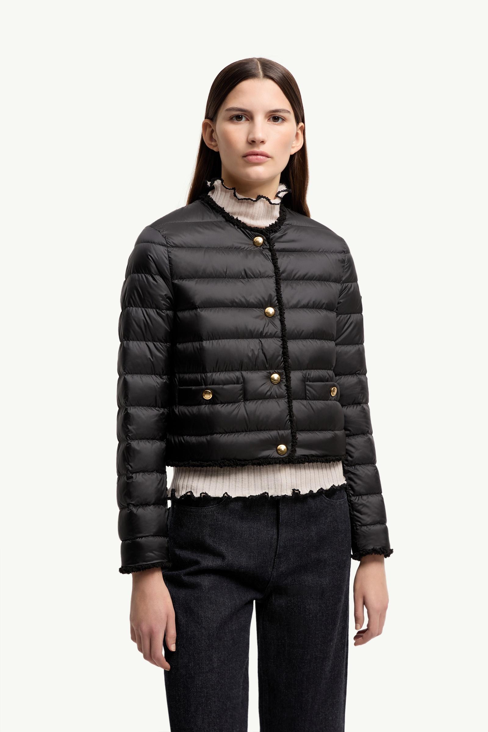 Black Fleurs Bouclé-Trimmed Short Down Jacket - Short Down Jackets