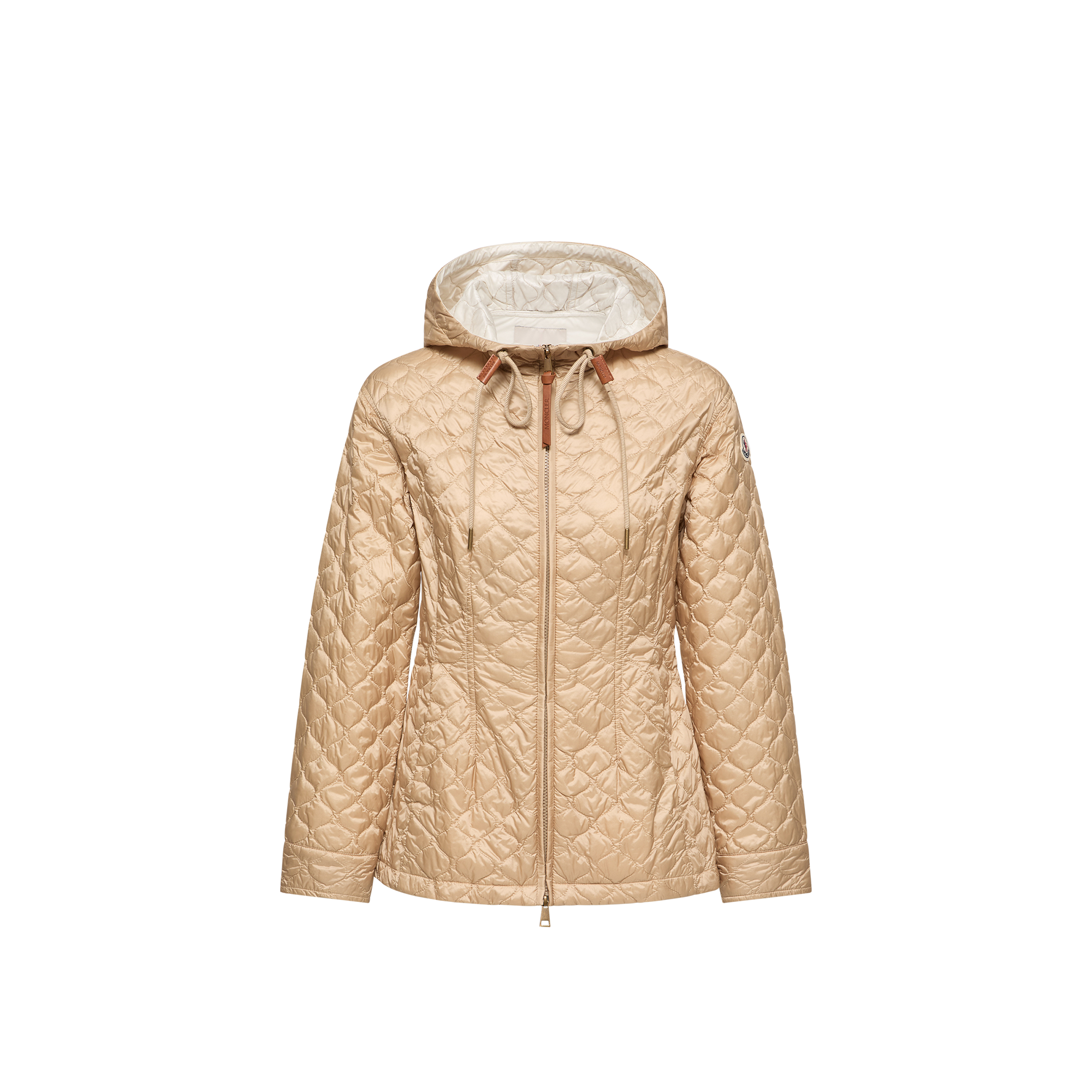 Moncler   Arum Hooded Mid-Length Down Jacket for Women in Beige, Size: 14