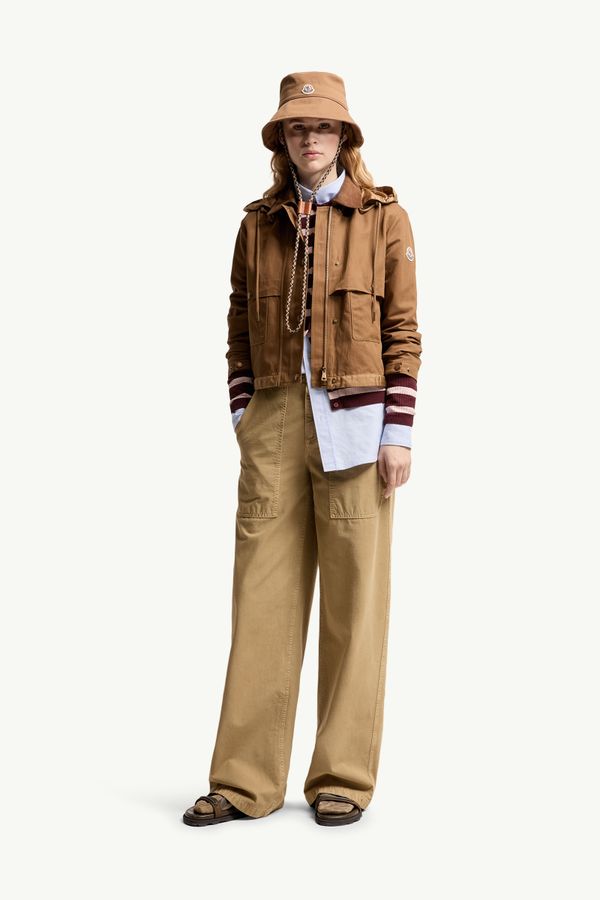 Aconitum Hooded Cotton & Linen Blend Shirt Jacket Women Light Brown Moncler 0