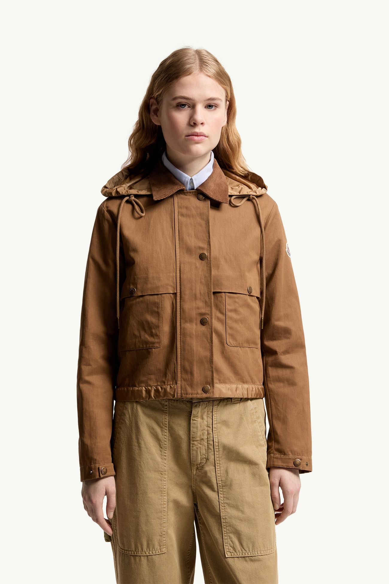 Aconitum Hooded Cotton & Linen Blend Shirt Jacket Women Light Brown Moncler 3