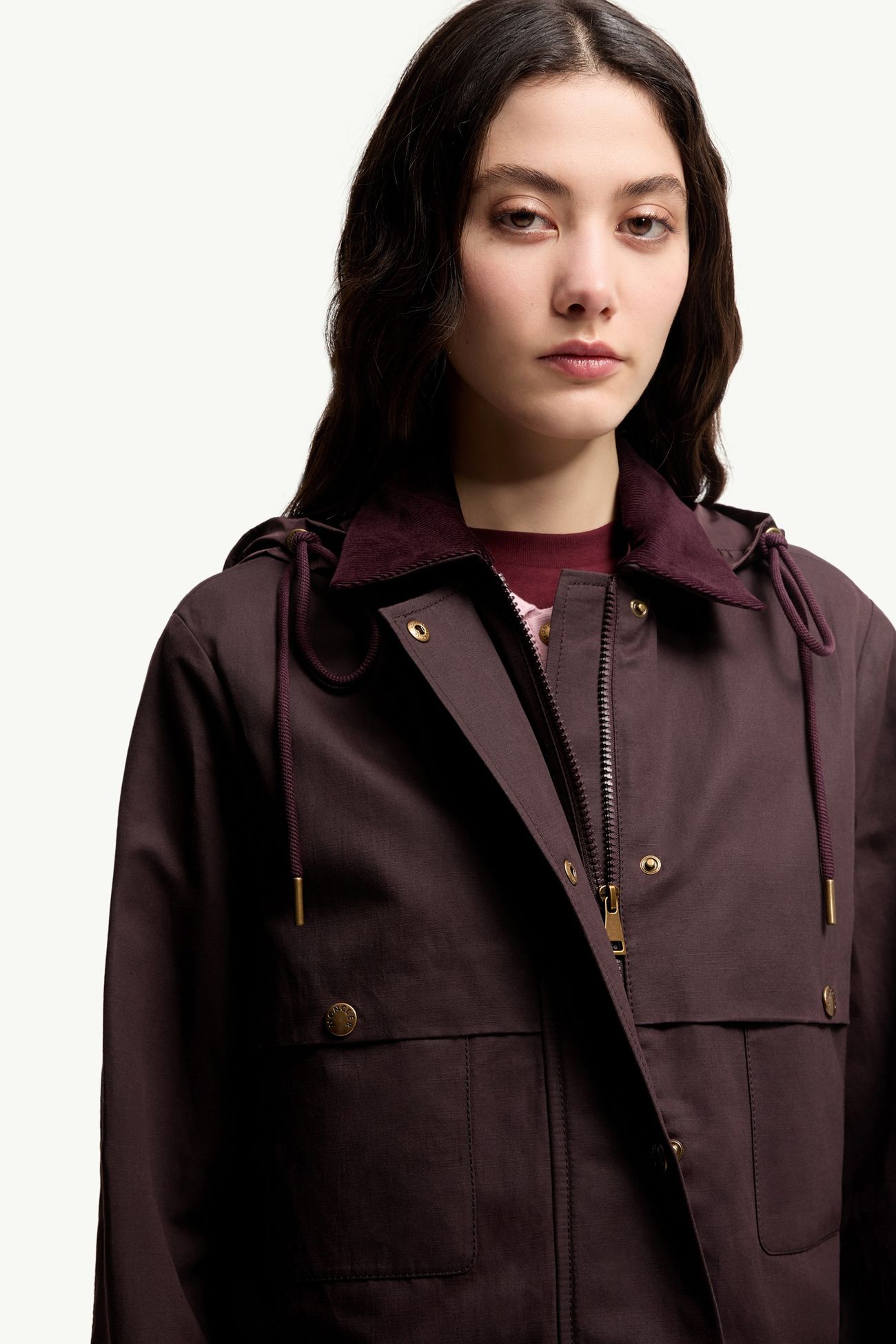 Aconitum連帽棉麻混紡恤衫式外套 女士 酒紅色 Moncler 5