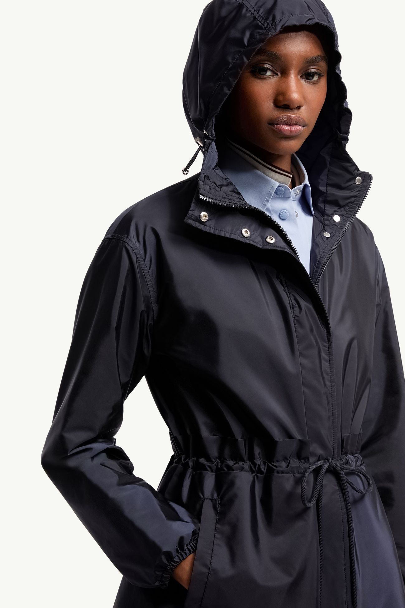Weteau Ruched Hooded Rain Jacket Women Navy Blue Moncler 5