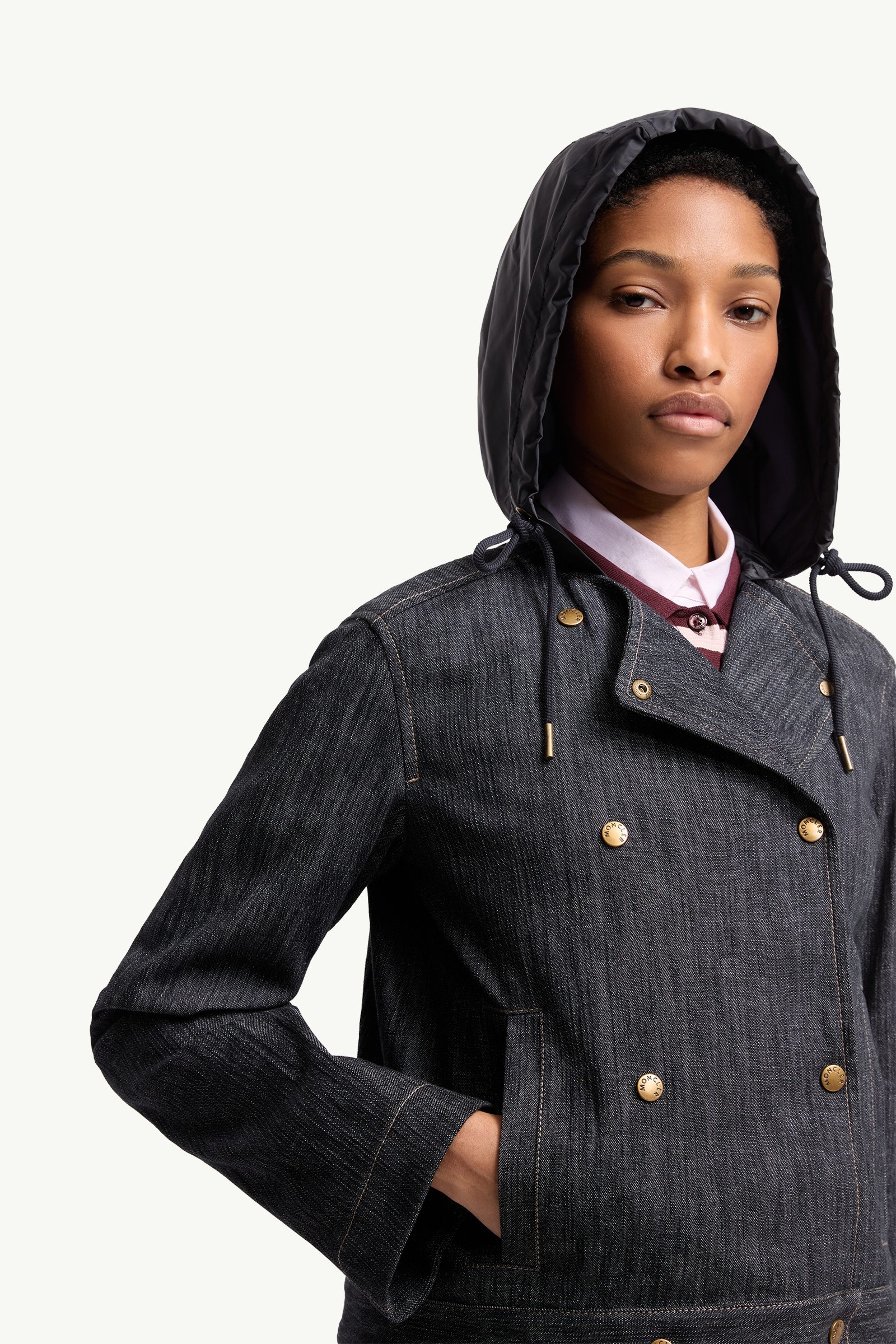 Navy Blue Diervilla Hooded Double-Breasted Denim Jacket