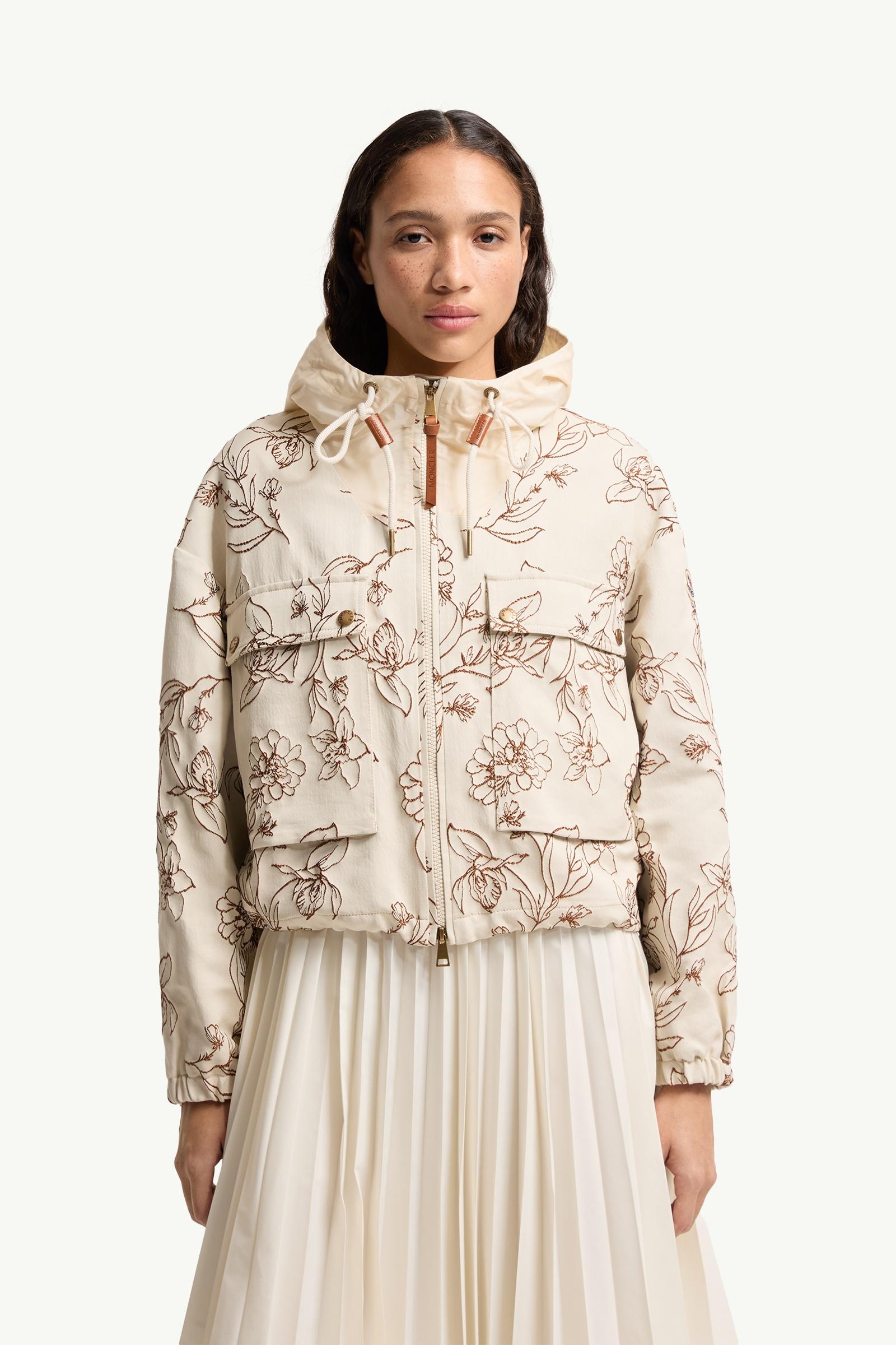White & Brown Nepeta Hooded Floral Print Jacket - Lightweight Down