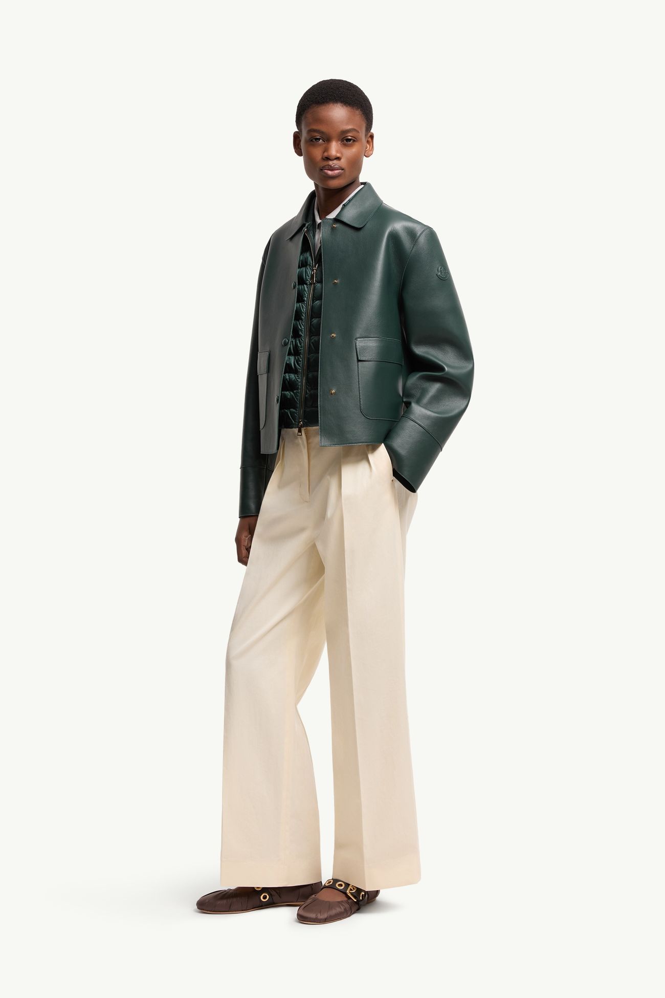 Haricot 3-in-1 Leather Down Shirt Jacket Women Dark Green Moncler 0