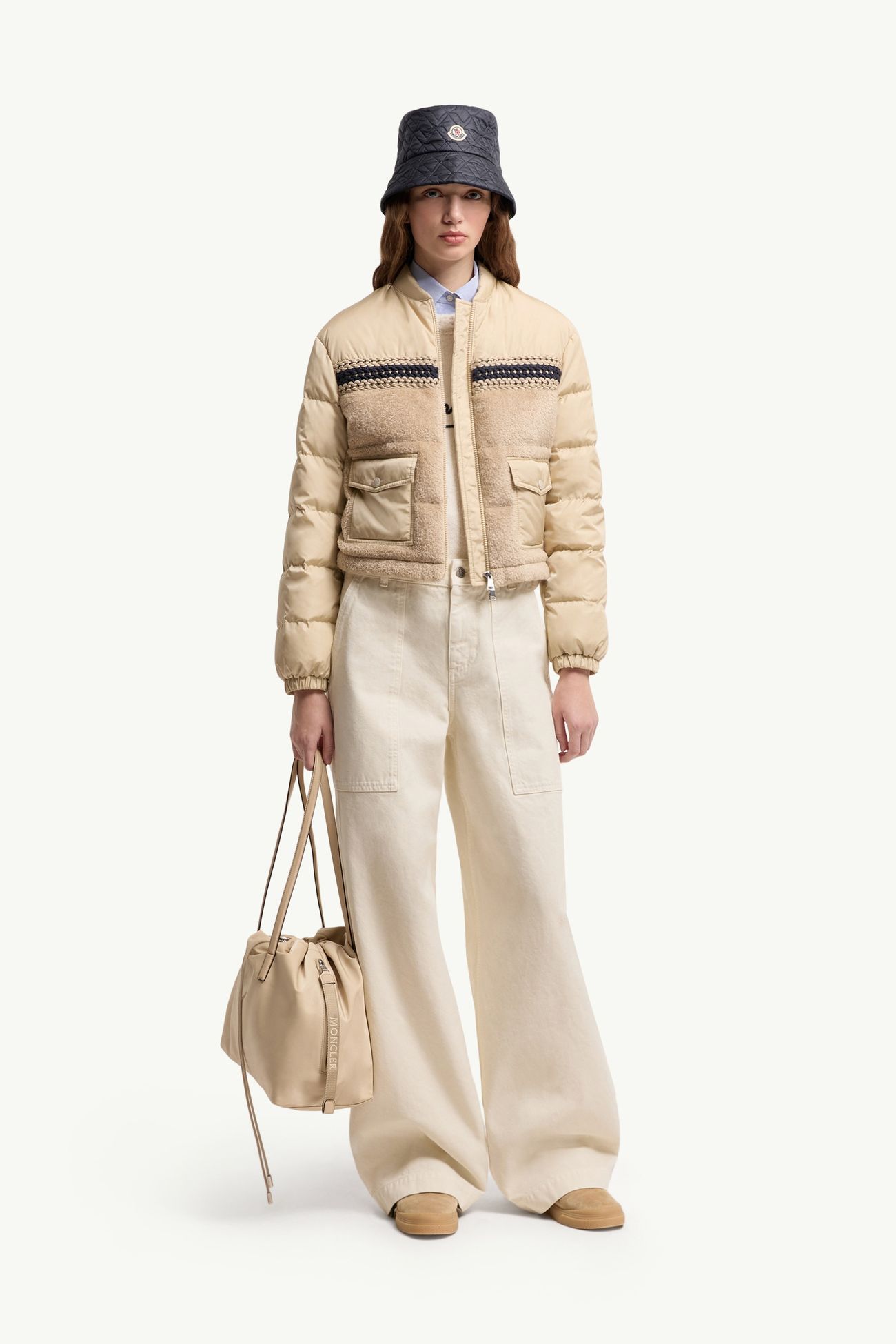 Pantalon en coton à logo en cuir Femmes Beige Clair Moncler 0