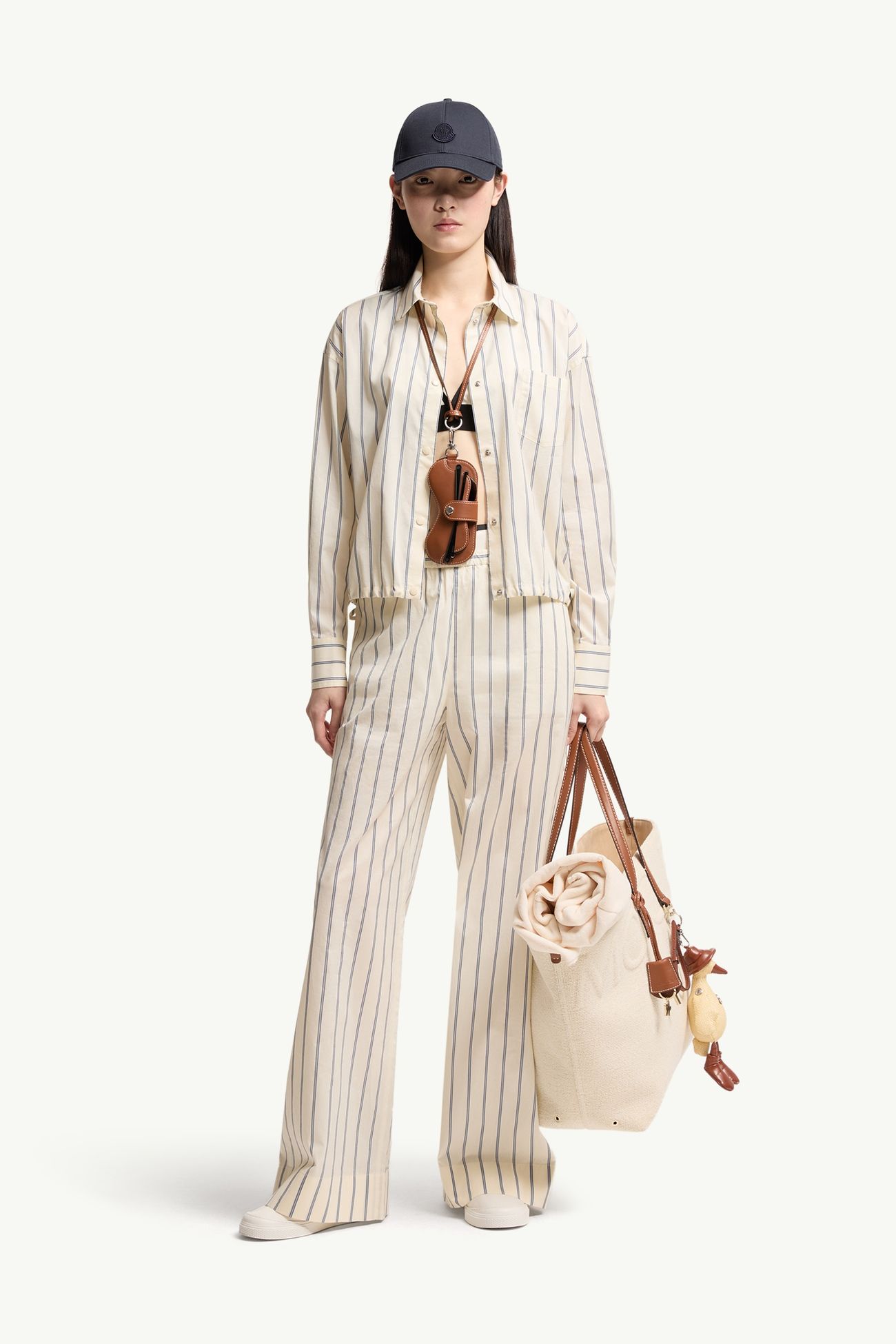 Pantaloni in cotone e seta a righe Donna Bianco Moncler 0